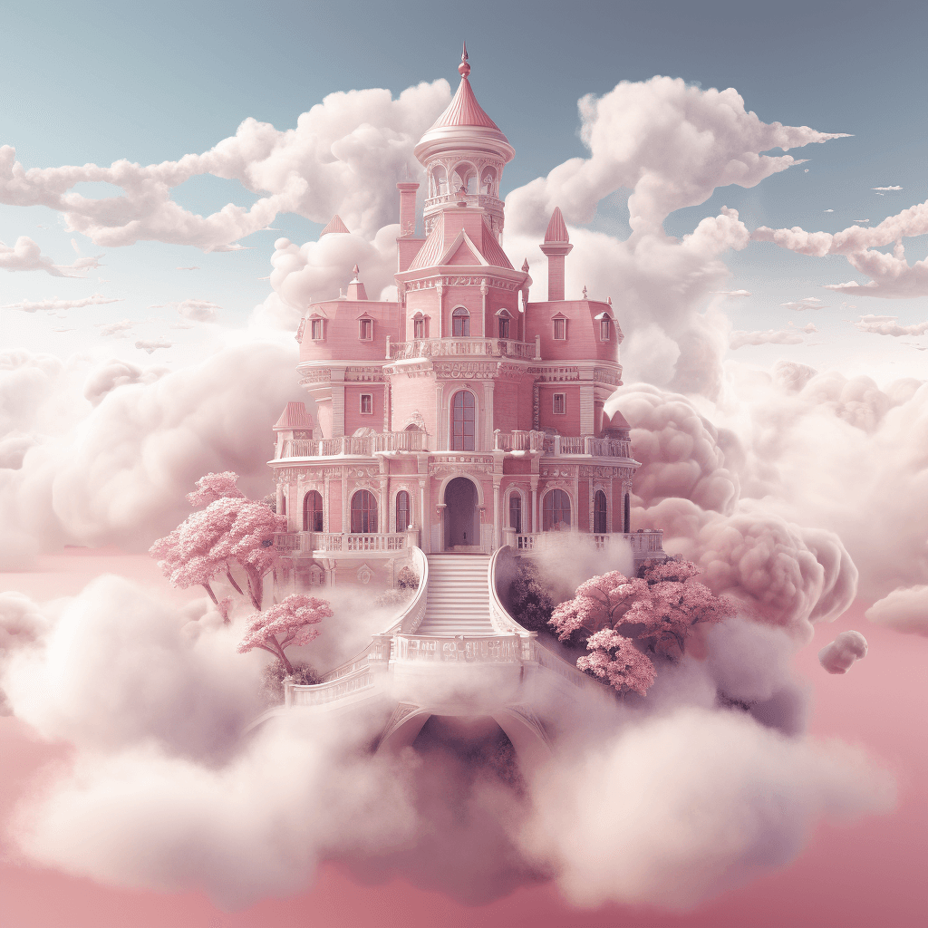 AI generated: Midjourney prompt: Clouds and mist surround the pink palace in a 3D s... (Midjourney - Midjourney)