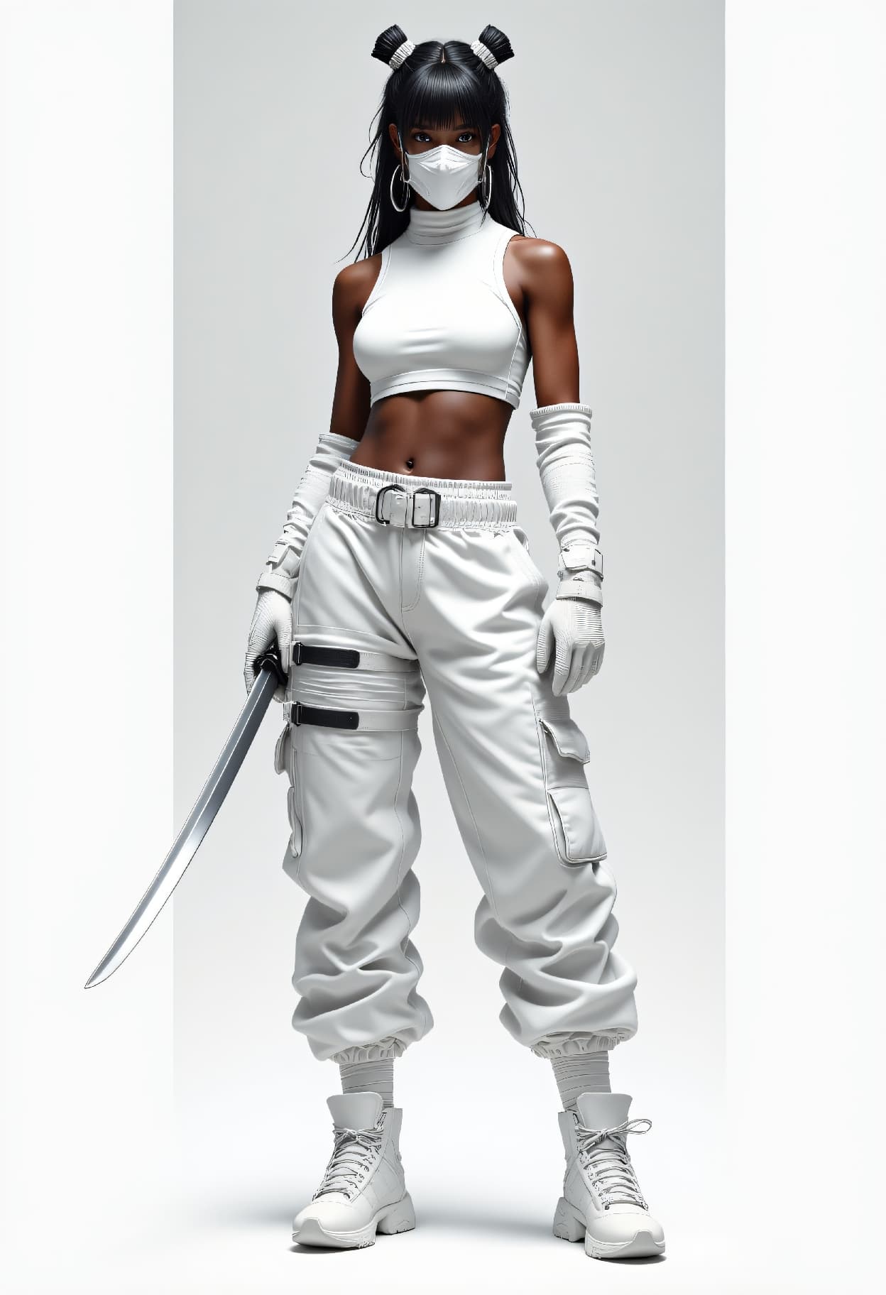 AI generated: FLUX prompt: A black female warrior in all-white modern ninja o... (FLUX - Fashion)