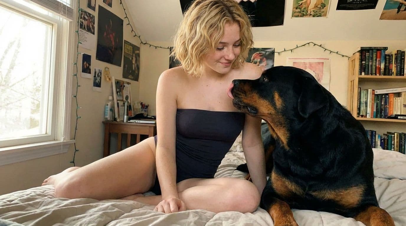 صورة مولدة بالذكاء الاصطناعي: Nano Banana prompt: girl show sit, the dog licks girl's chest (نموذج Nano Banana - Nano Banana)
