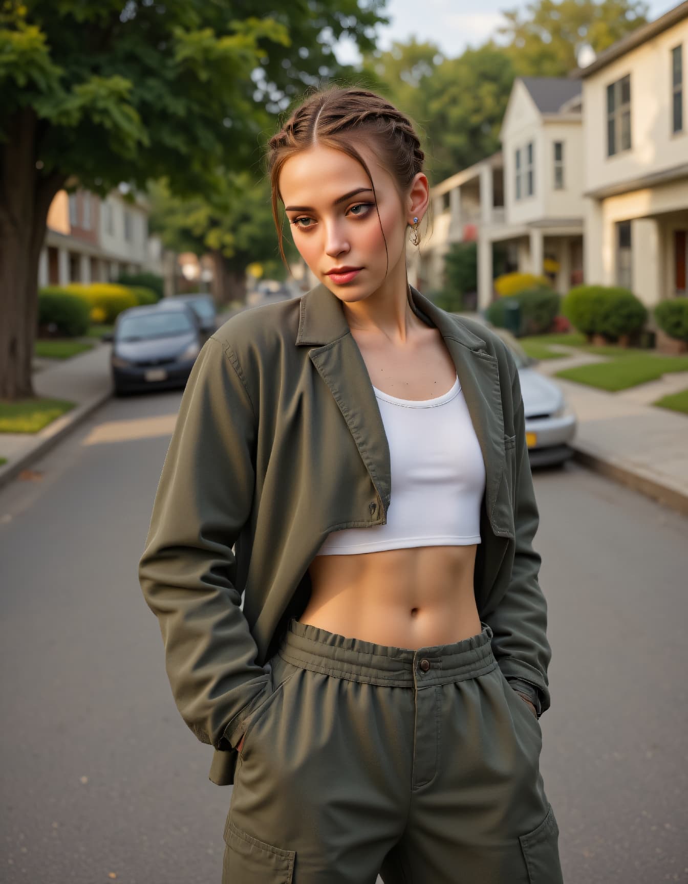 صورة مولدة بالذكاء الاصطناعي: FLUX prompt: ultra highres realistic Street photo of a 24-year-... (نموذج FLUX - أزياء وموضة)