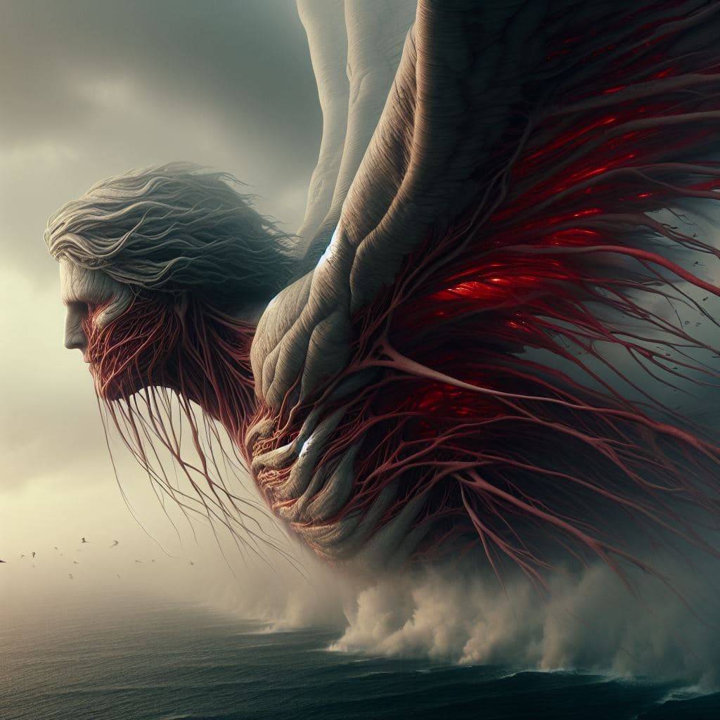 AI generated: DALL·E prompt: A close-up of a giant angel flying over the ocean ... (DALL·E - Photography)