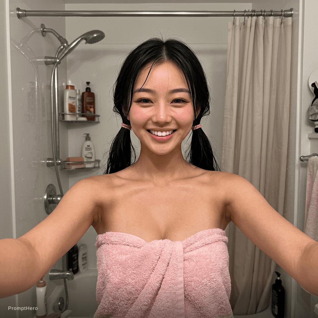 AI generated: Nano Banana prompt: She takes a phnoe selfie in her bathroom just out ... (Nano Banana - Nano Banana)