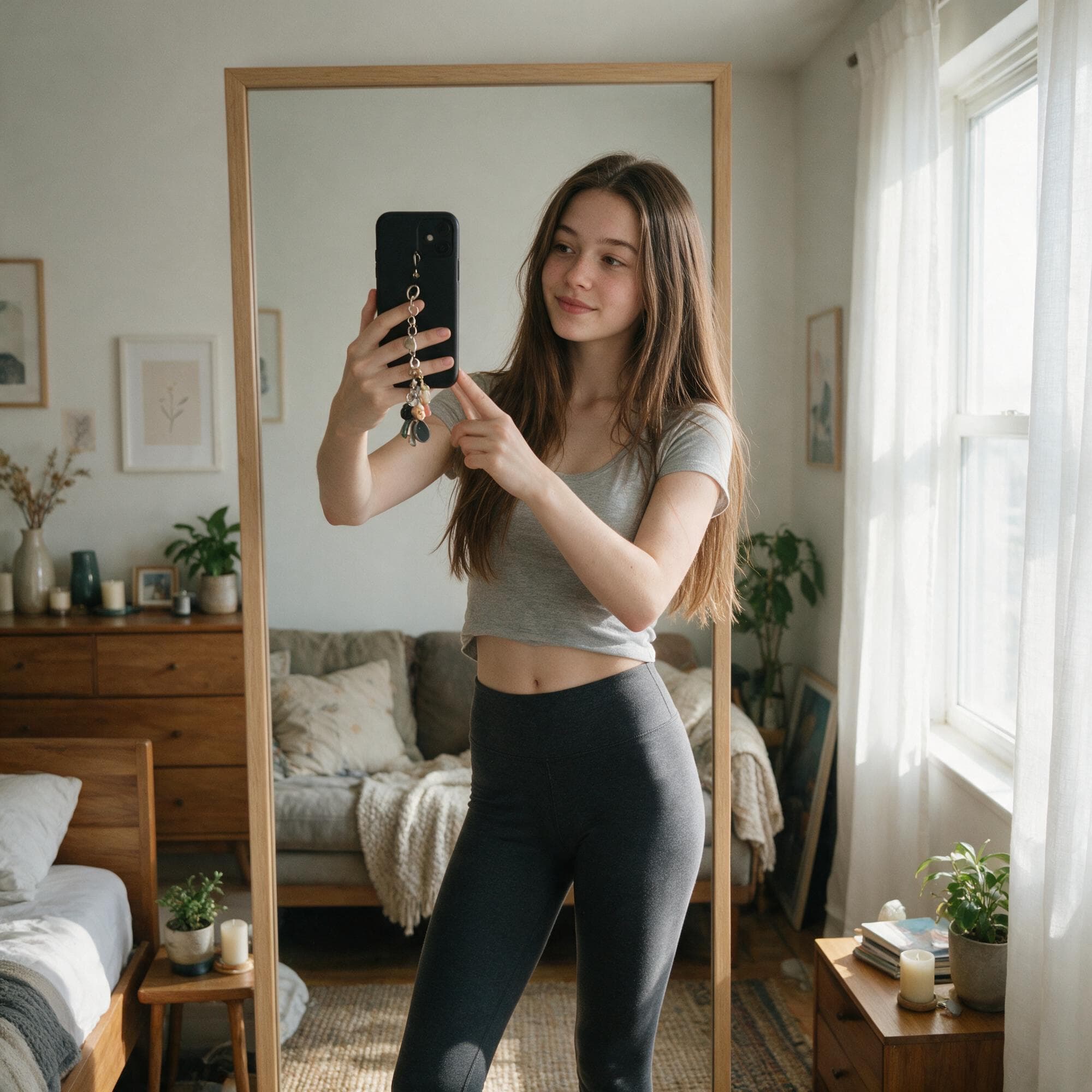 صورة مولدة بالذكاء الاصطناعي: Hero prompt: the girl takes a photo with her phone of herself i... (نموذج Hero - Hero)