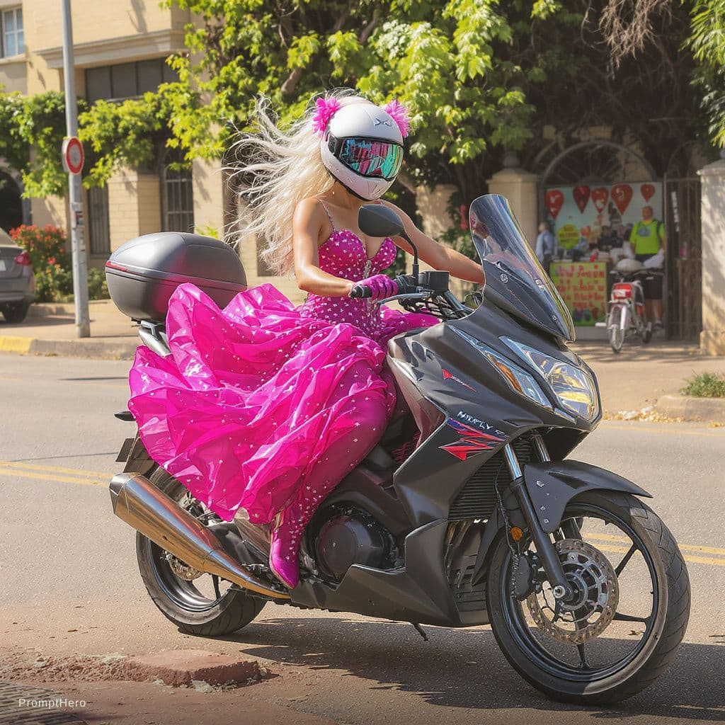 AI generated: Flux Kontext prompt: A white person with a pink dancing dress and motor (Flux Kontext - Flux Kontext)