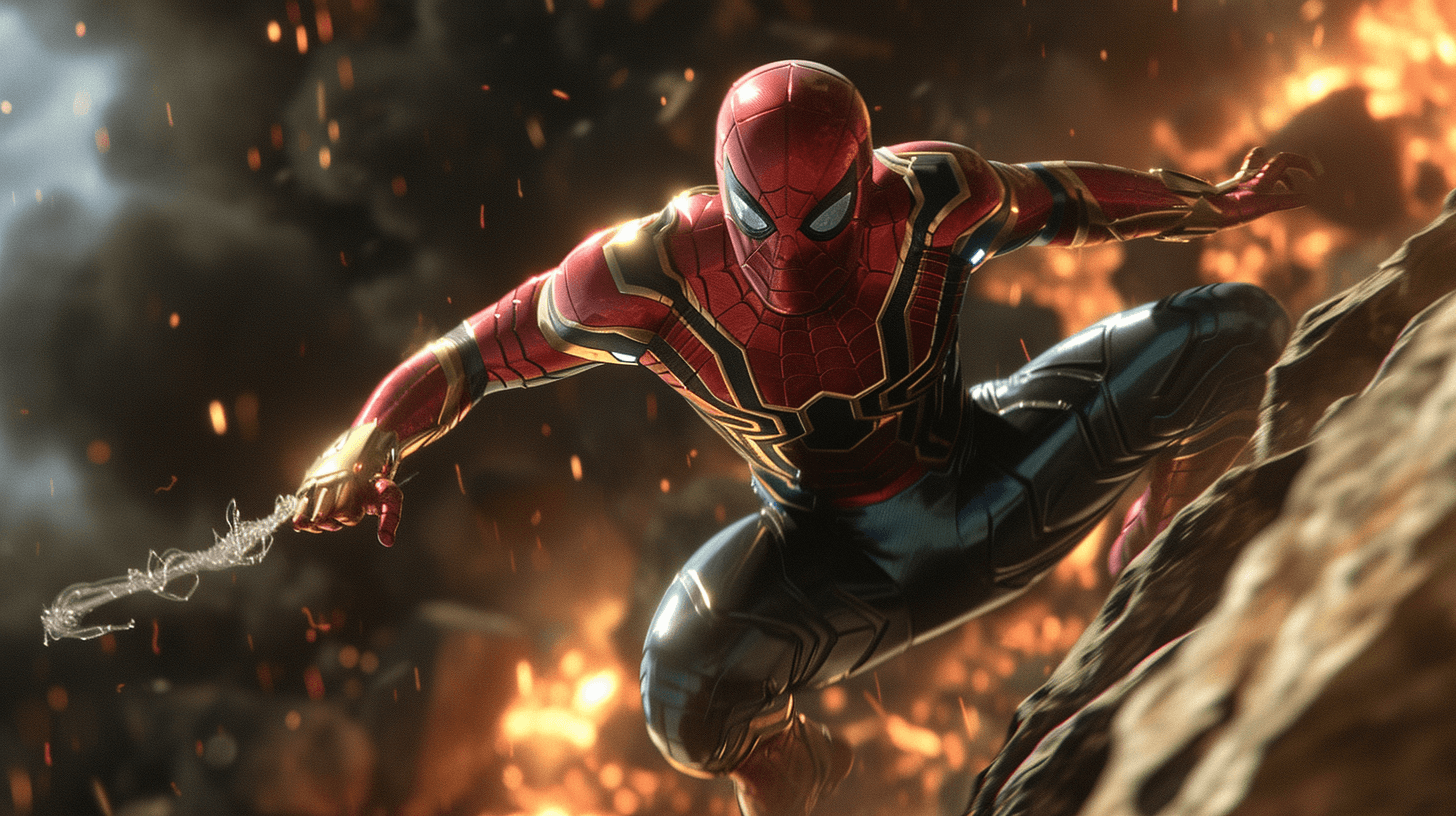صورة مولدة بالذكاء الاصطناعي: Midjourney prompt: spider-man, in iron spider costume , on a fight, ... (نموذج Midjourney - Concept Art)