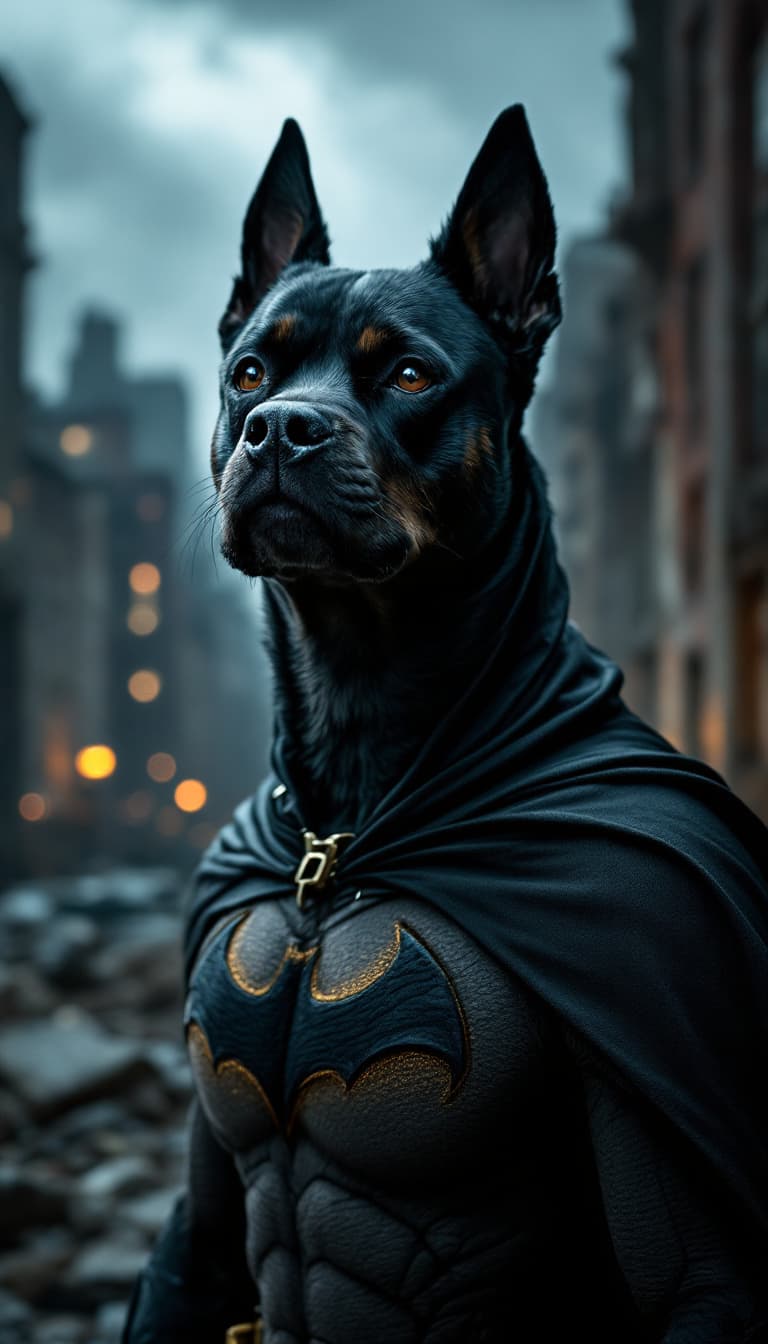صورة مولدة بالذكاء الاصطناعي: FLUX prompt: raw photo of a dog as batman, black costume heroic... (نموذج FLUX - FLUX)