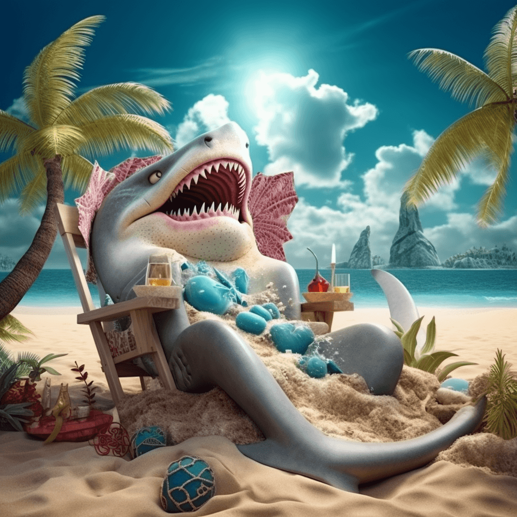 صورة مولدة بالذكاء الاصطناعي: Chompin' at the Beach! (نموذج Midjourney - Midjourney)
