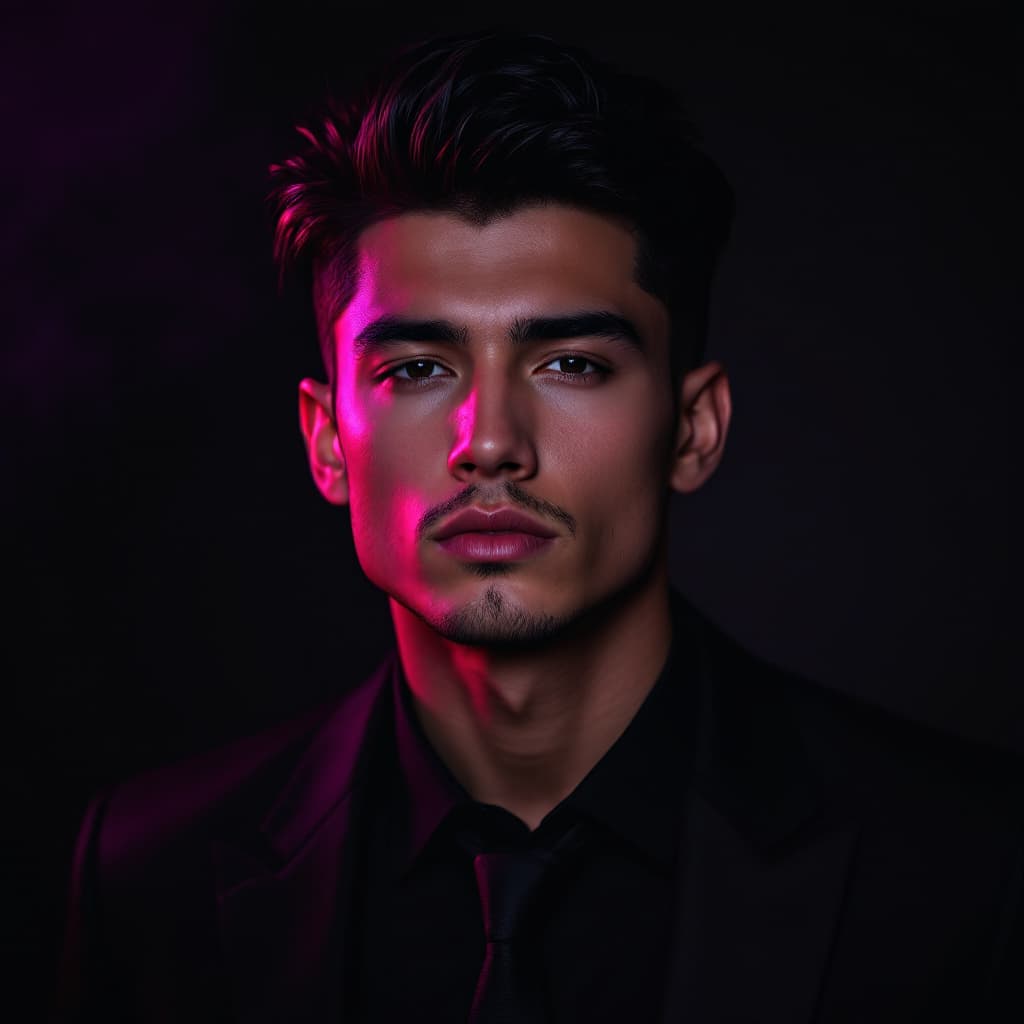 AI generated: FLUX prompt: "A young man with sharp facial features, styled bl... (FLUX - FLUX)