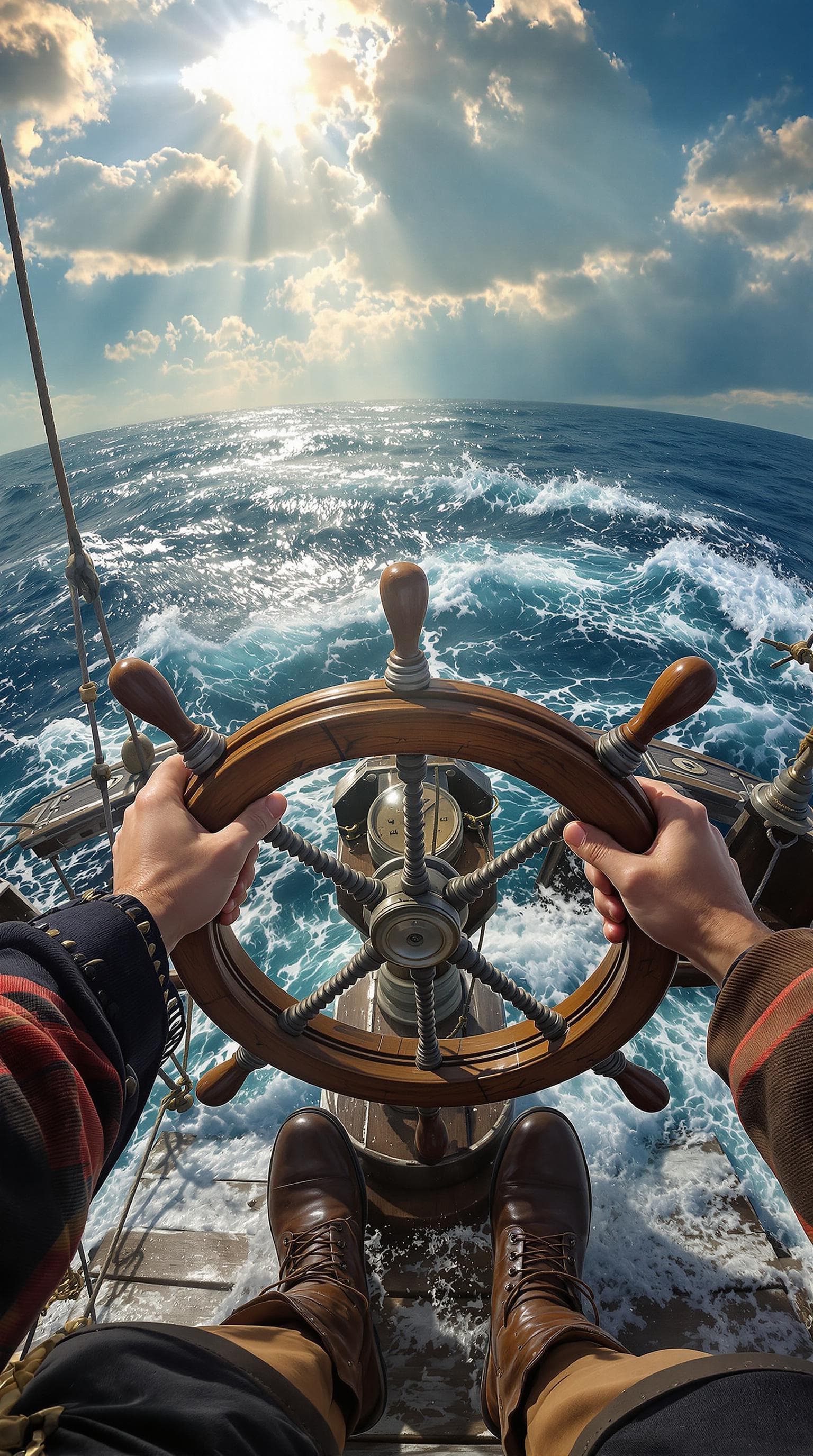 صورة مولدة بالذكاء الاصطناعي: FLUX prompt: first person POV, hands holding a pirate ship stee... (نموذج FLUX - FLUX)