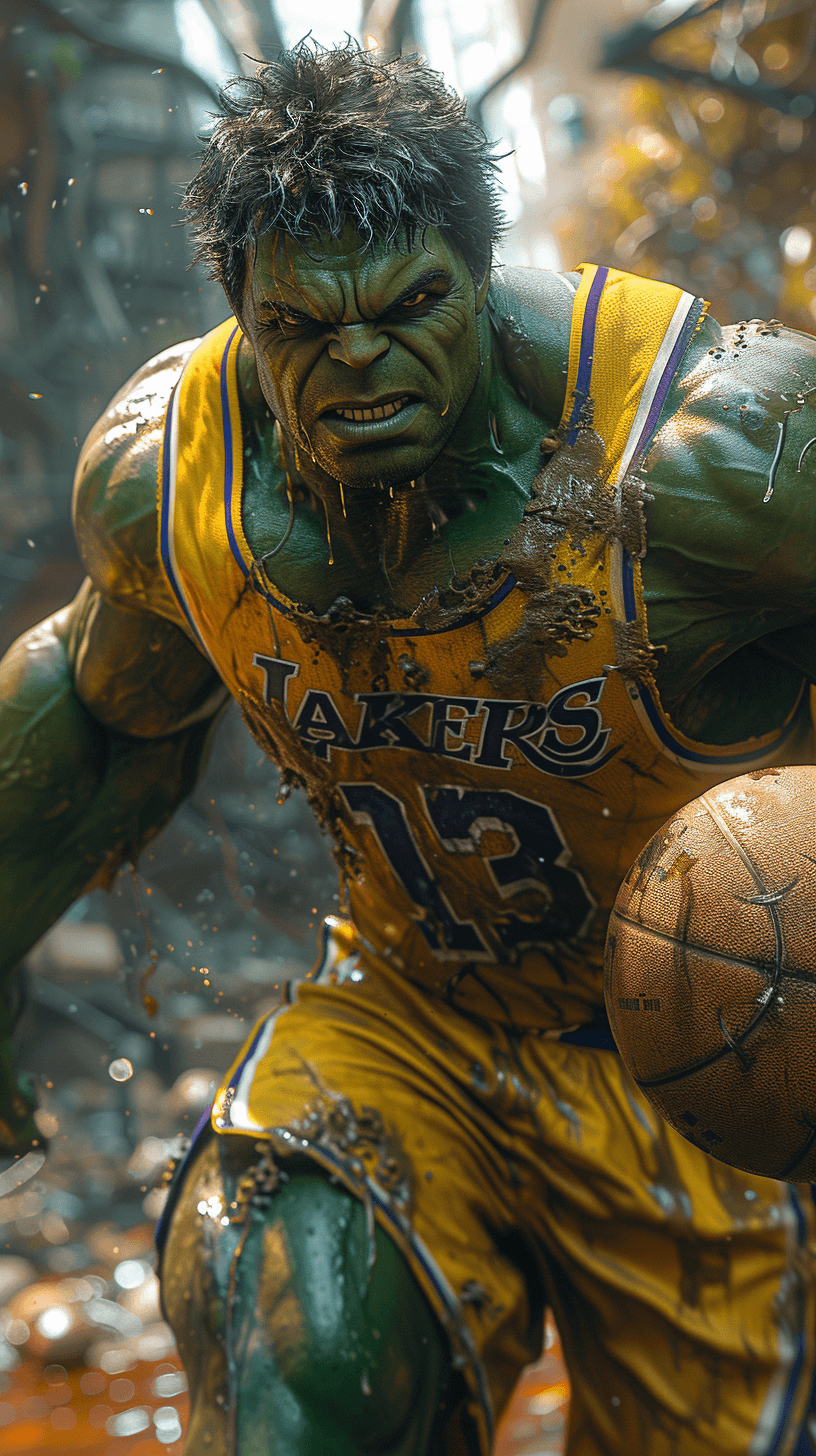 صورة مولدة بالذكاء الاصطناعي: Midjourney prompt: Marvel's Hulk playing basketball, he is jumping to... (نموذج Midjourney - Concept Art)
