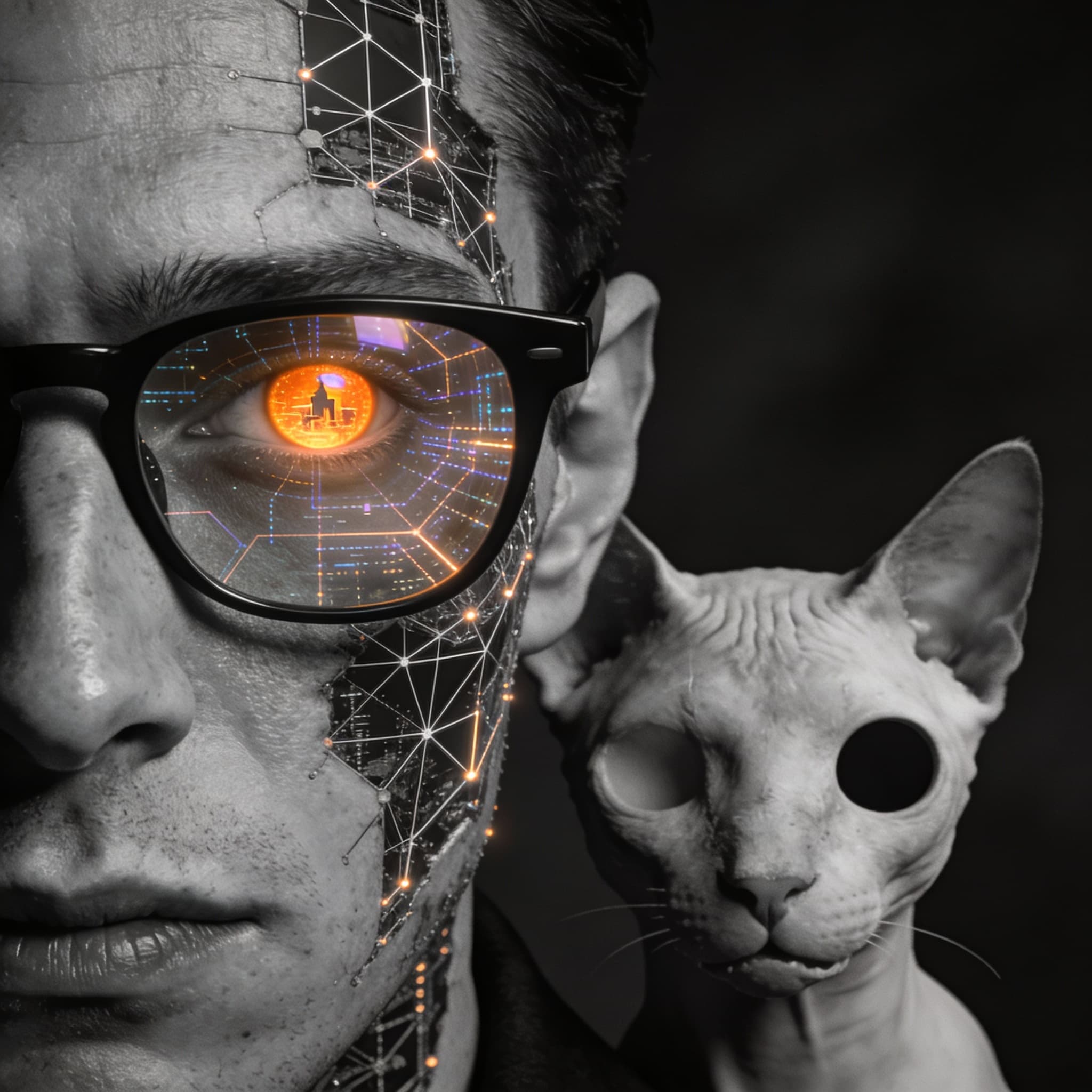صورة مولدة بالذكاء الاصطناعي: Seedream 4 prompt: surreal portrait of a man, beside him sits a cat t... (نموذج Seedream 4 - Seedream 4)