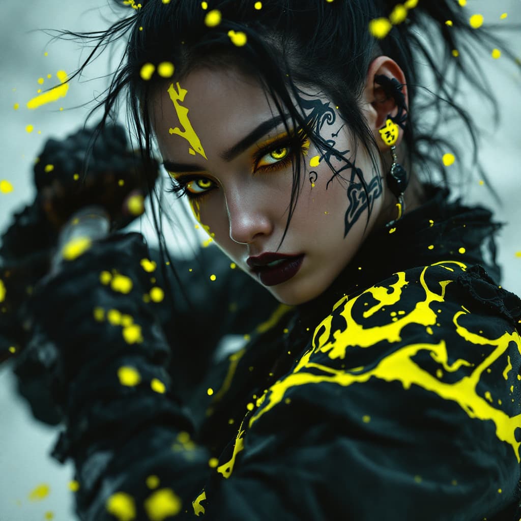 صورة مولدة بالذكاء الاصطناعي: FLUX prompt: Editorial Vivienne Tam photography of a gothic pun... (نموذج FLUX - FLUX)