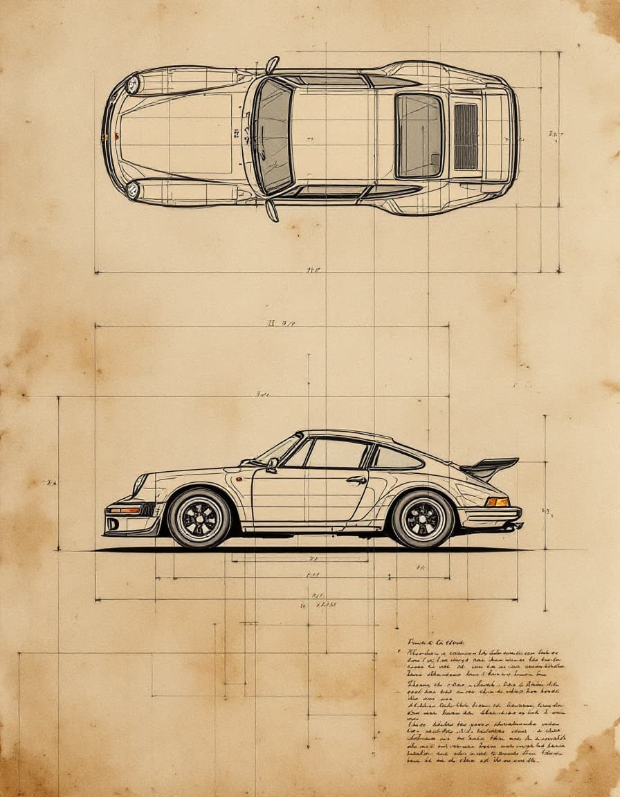 AI generated: FLUX prompt: Porsche 911 GT3 technical draw, like vintage drawi... (FLUX - FLUX)