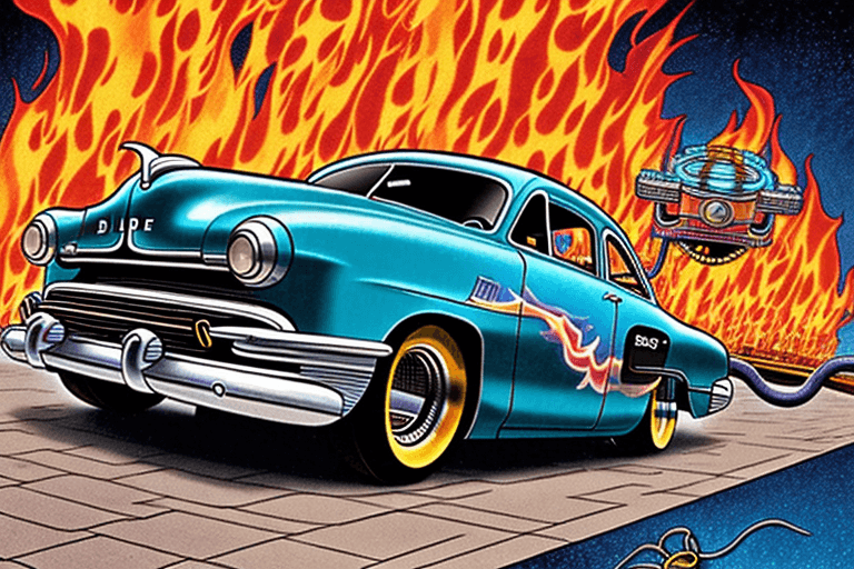 صورة مولدة بالذكاء الاصطناعي: Openjourney prompt: 1950's hot rod blue with flames, american diner, ... (نموذج Openjourney - Openjourney)