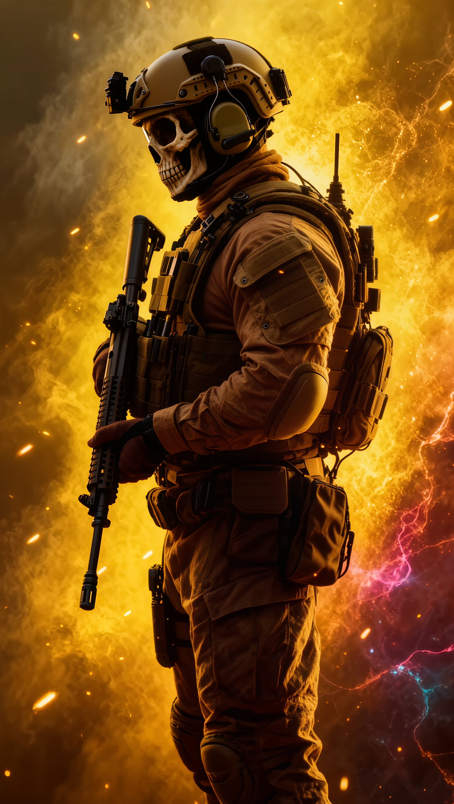 صورة مولدة بالذكاء الاصطناعي: Cinematic vertical 9:16 composition.A heavily equi... (نموذج PromptHero - Other AI Models)