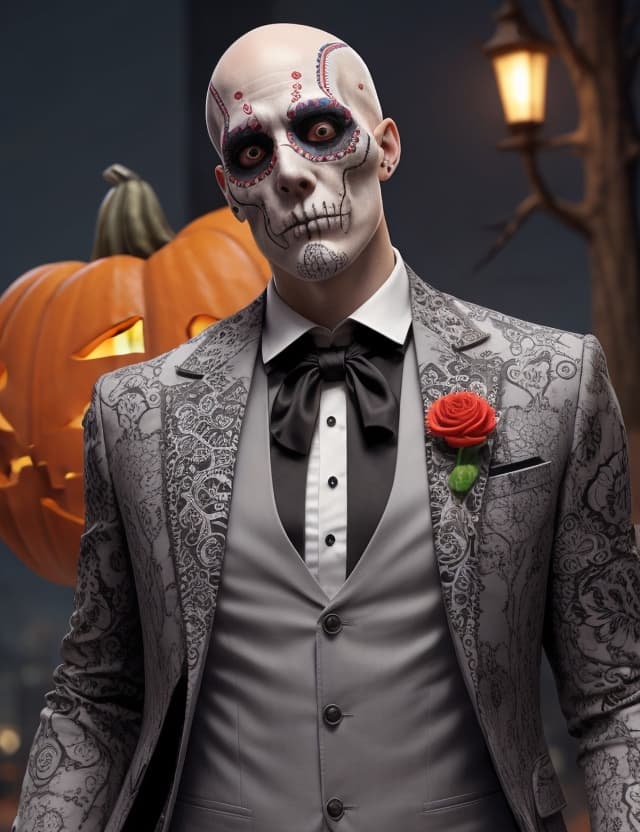 صورة مولدة بالذكاء الاصطناعي: Stable Diffusion prompt: high detail, colorful, sugar skull man, white thin... (نموذج Stable Diffusion - أزياء وموضة)