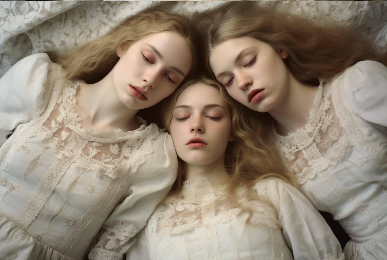صورة مولدة بالذكاء الاصطناعي: Midjourney prompt: a couple of women laying on top of a bed, style of... (نموذج Midjourney - أزياء وموضة)