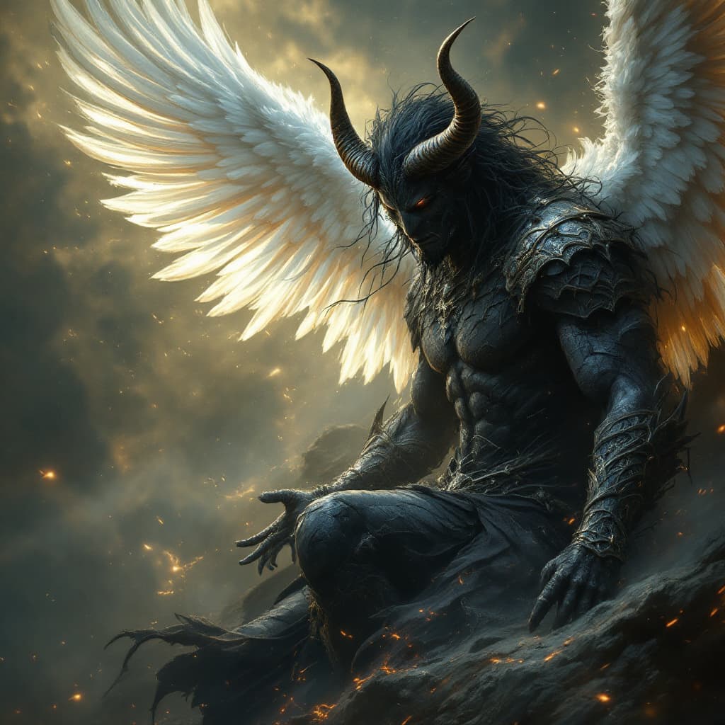 AI generated: FLUX prompt: Dark warrior with horns turns into an angel (FLUX - FLUX)