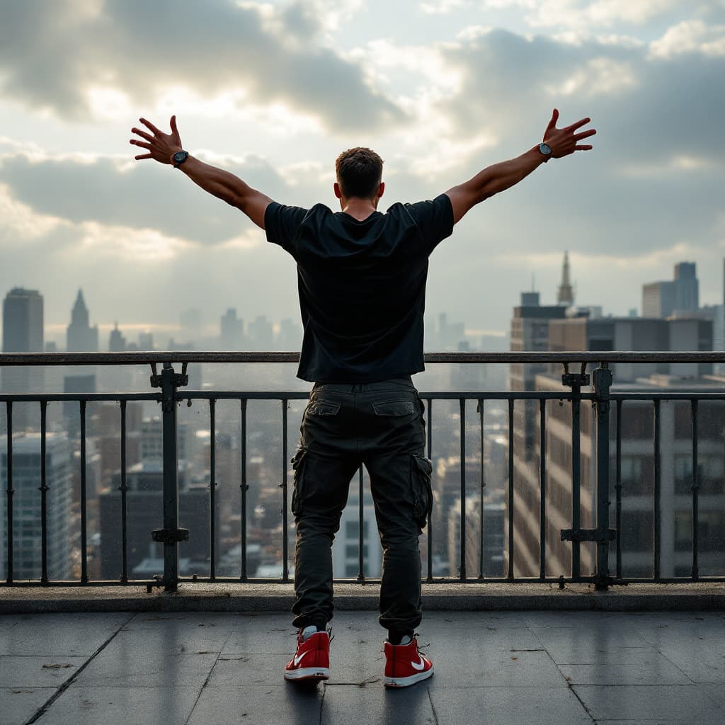 صورة مولدة بالذكاء الاصطناعي: FLUX prompt: photograph of a man expressing freedom, rear view,... (نموذج FLUX - FLUX)