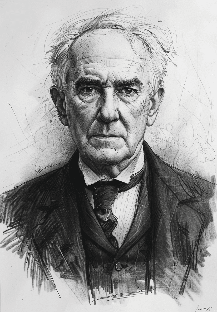 صورة مولدة بالذكاء الاصطناعي: Midjourney prompt: Thomas Edison, detailed black and white drawing in... (نموذج Midjourney - Portraits)