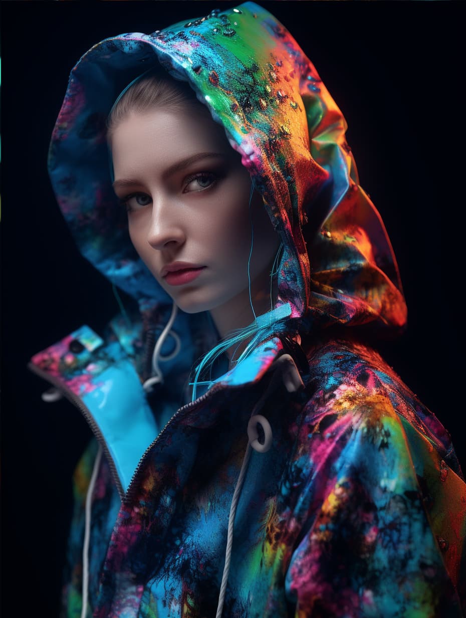 صورة مولدة بالذكاء الاصطناعي: Midjourney prompt: coat for a rave, bright colors, many details, prin... (نموذج Midjourney - أزياء وموضة)