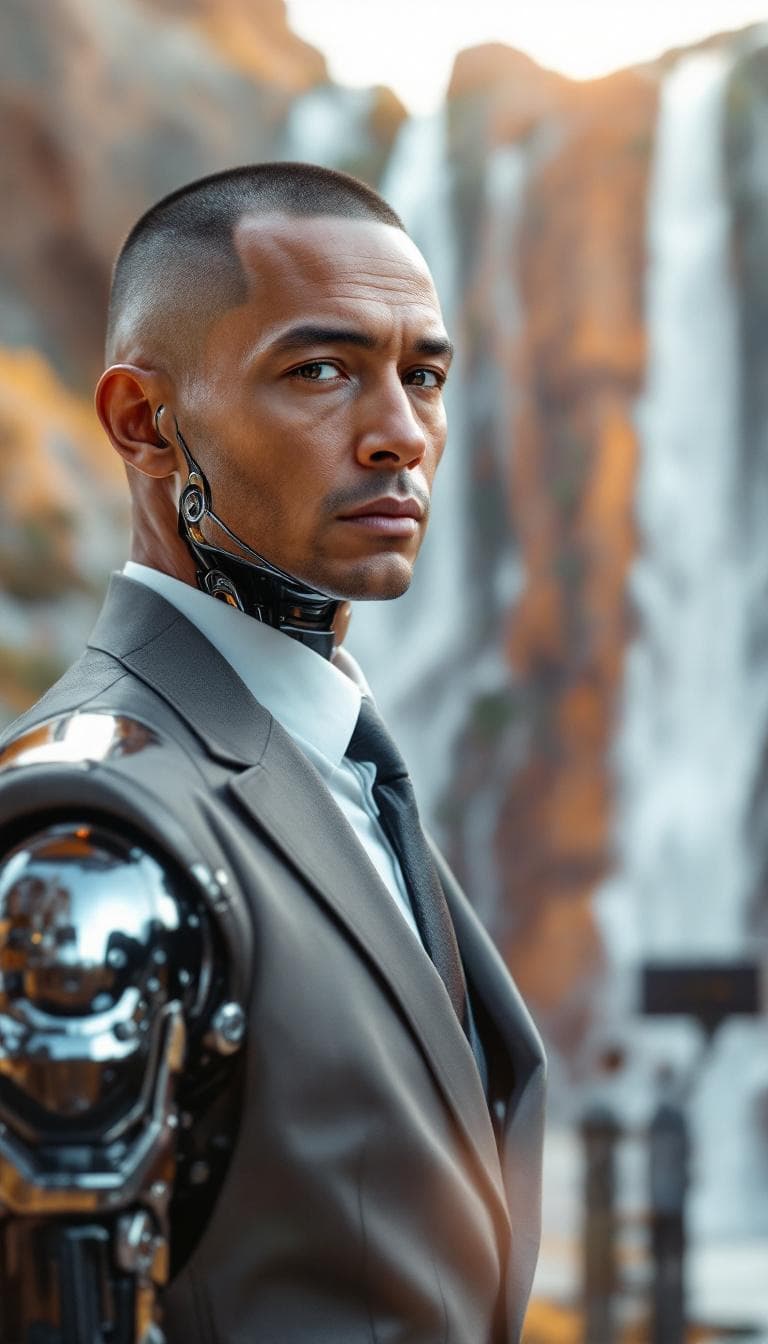 صورة مولدة بالذكاء الاصطناعي: FLUX prompt: An middle-aged man with a crew cut, wearing a suit... (نموذج FLUX - FLUX)