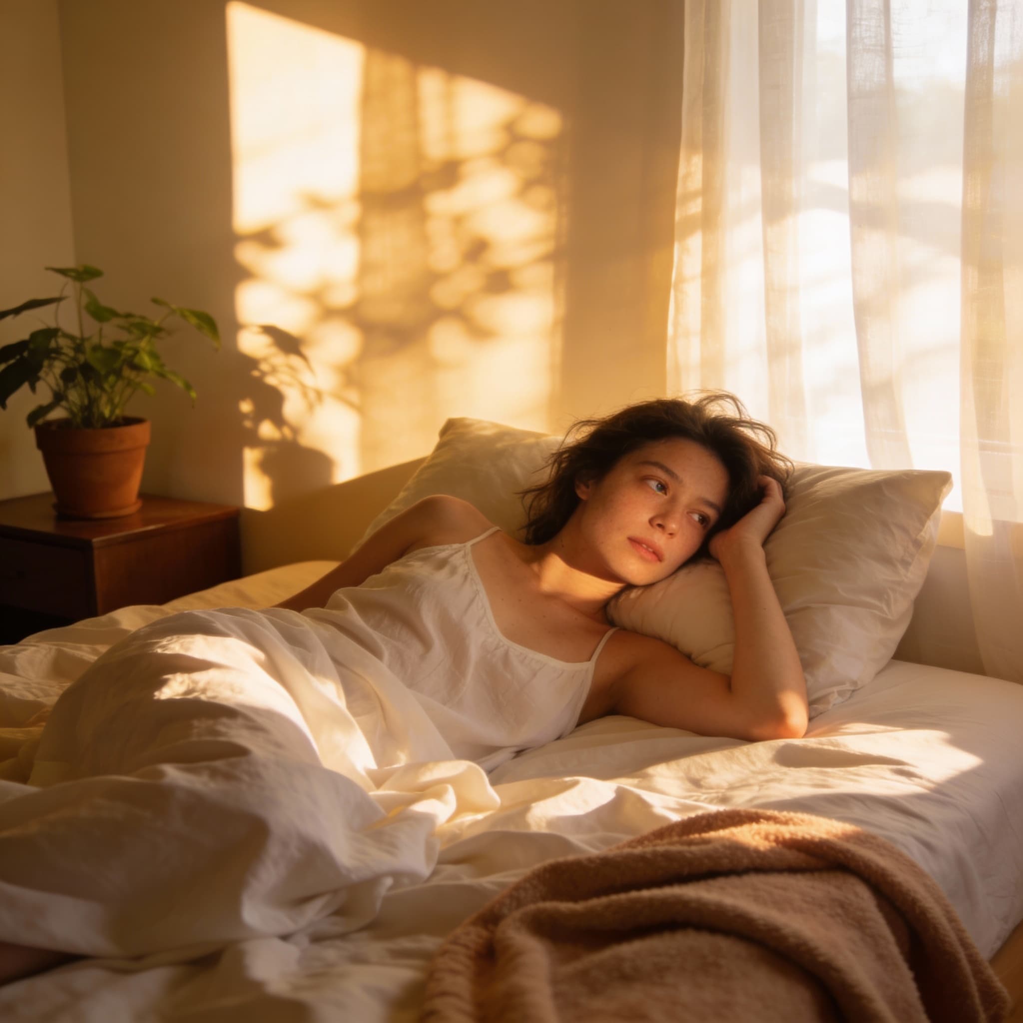 صورة مولدة بالذكاء الاصطناعي: Seedream 4 prompt: Female in loose camisole waking up in a light fill (نموذج Seedream 4 - Seedream 4)
