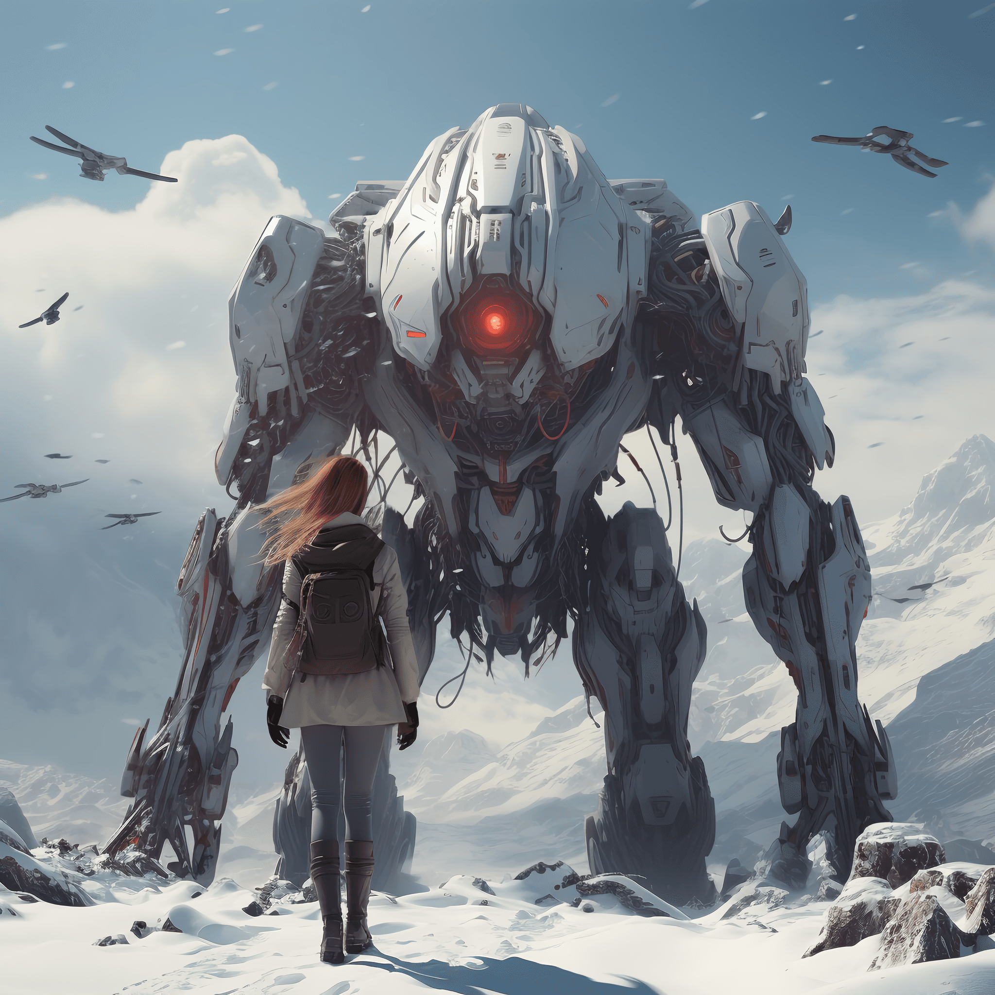 صورة مولدة بالذكاء الاصطناعي: Midjourney prompt: a woman is standing next to a giant robot on a sno... (نموذج Midjourney - Anime)