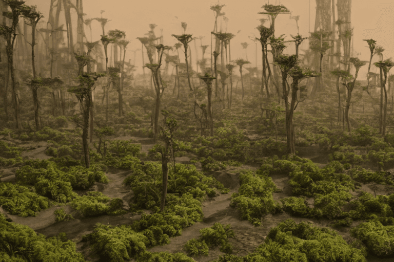 AI generated: Stable Diffusion prompt: barren wasteland turns into lush afrofuturistic ci... (Stable Diffusion - Landscapes)