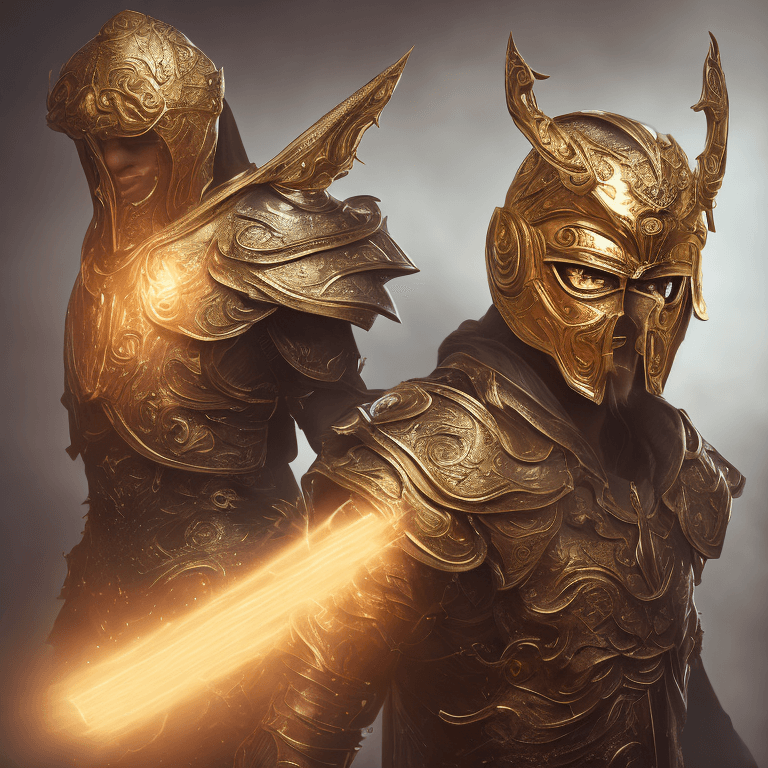 AI generated: Openjourney prompt: Hero with a golden mask, facelees mask, asymmetric... (Openjourney - Openjourney)