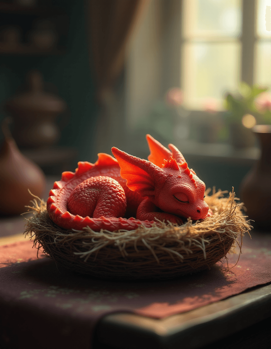 FLUX prompt: [A tiny red dragon sleeps curled up in a nest on a... - FLUX
