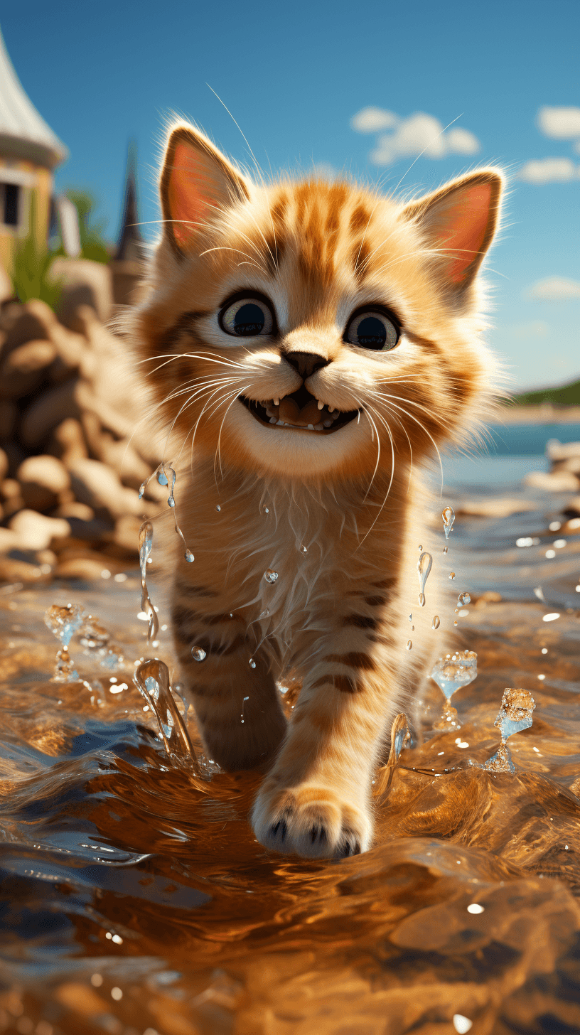 Midjourney prompt: A Pixar 3D render of a cat exploring the beach, re... - Midjourney