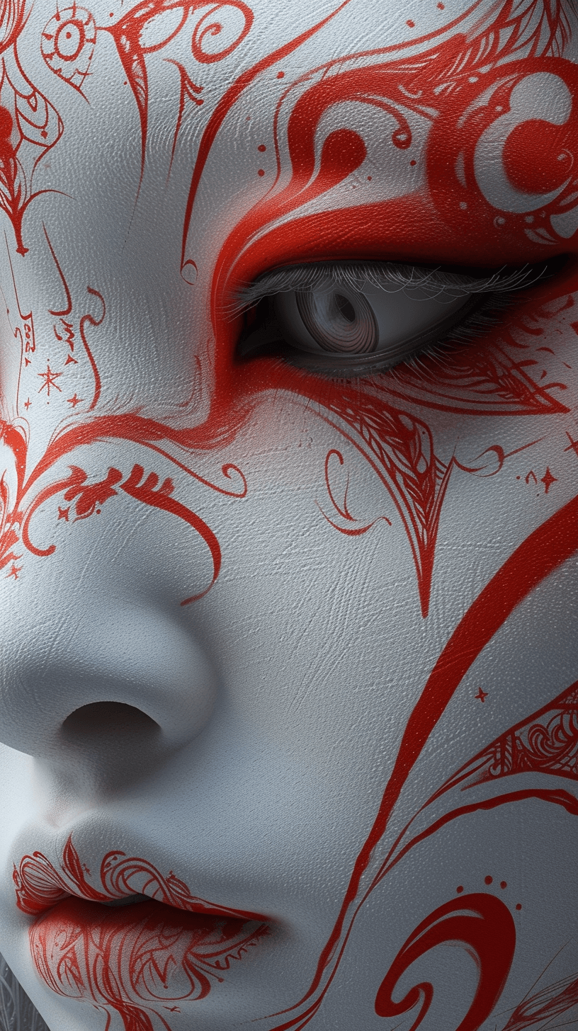 Midjourney prompt: red and white face paint by wysi, in the style of ... - Midjourney