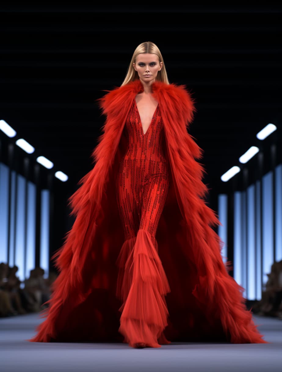Midjourney prompt: a woman in a red dress walking down a runway, fur ... - Midjourney