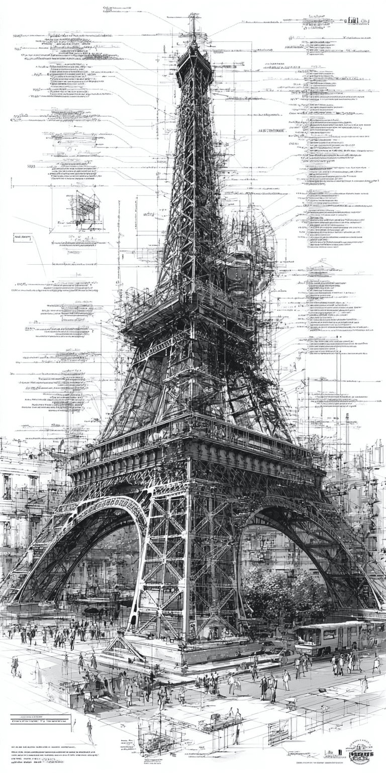 Midjourney prompt: Diagramatic drawing of the structure of the Eiffel... - Midjourney