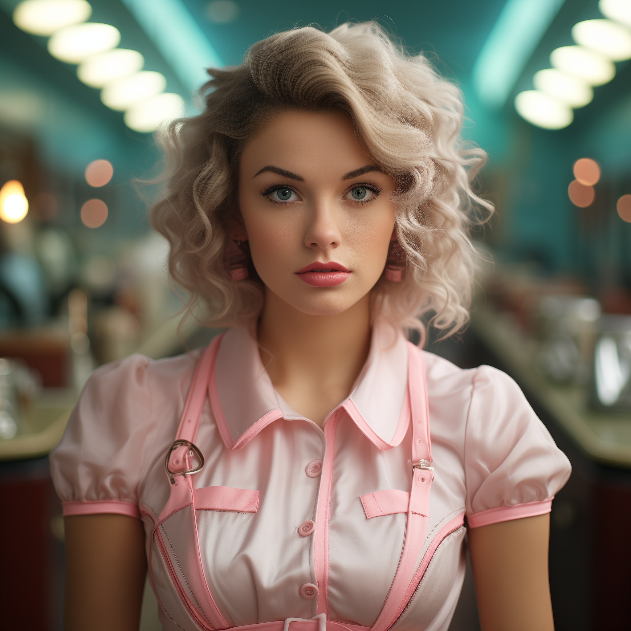 Midjourney prompt: A 1950's diner waitress mixed with alien hybrid, s... - Midjourney
