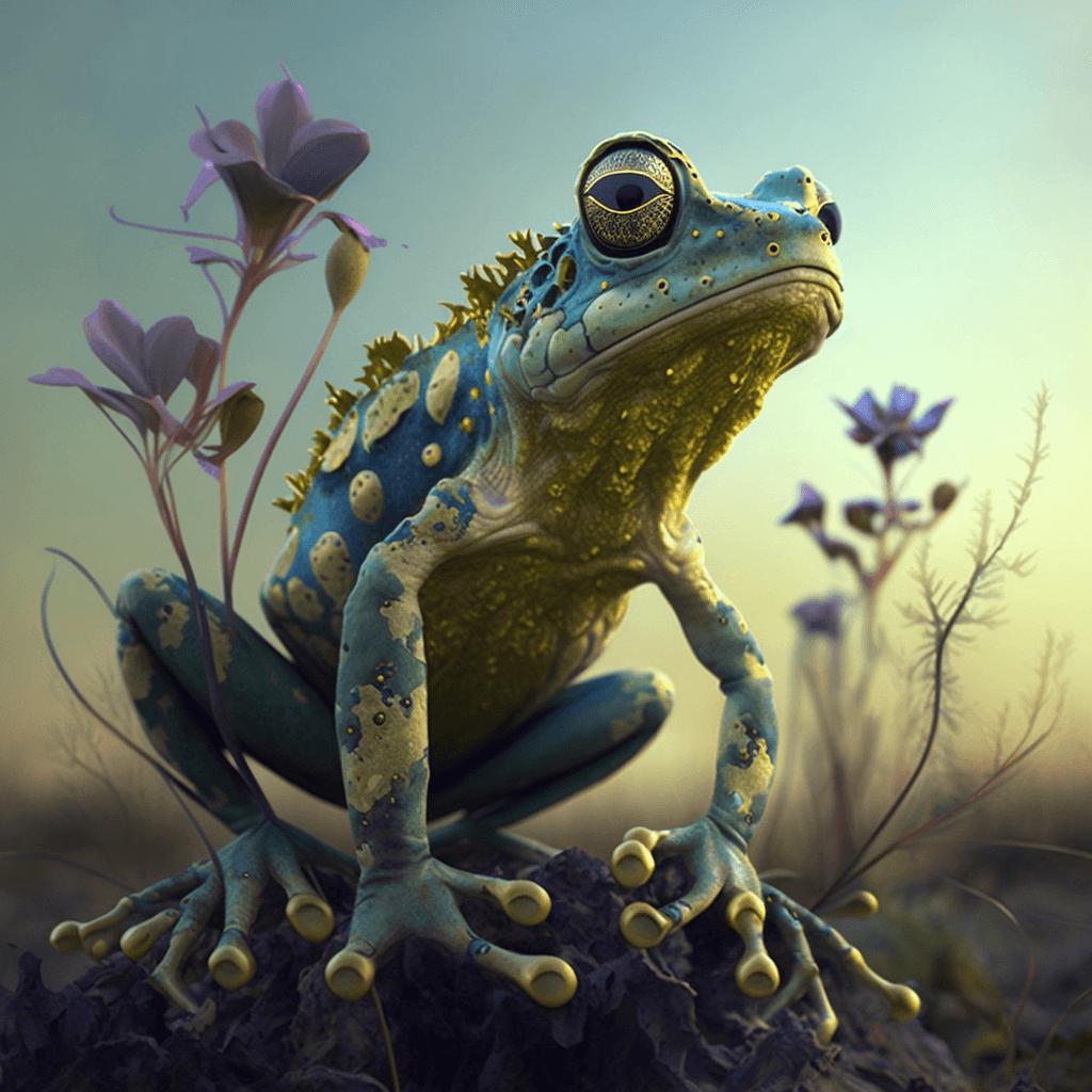 Midjourney prompt: frog:: crepuscular::4.8 hyperrealism::1 cyan::1 - Midjourney