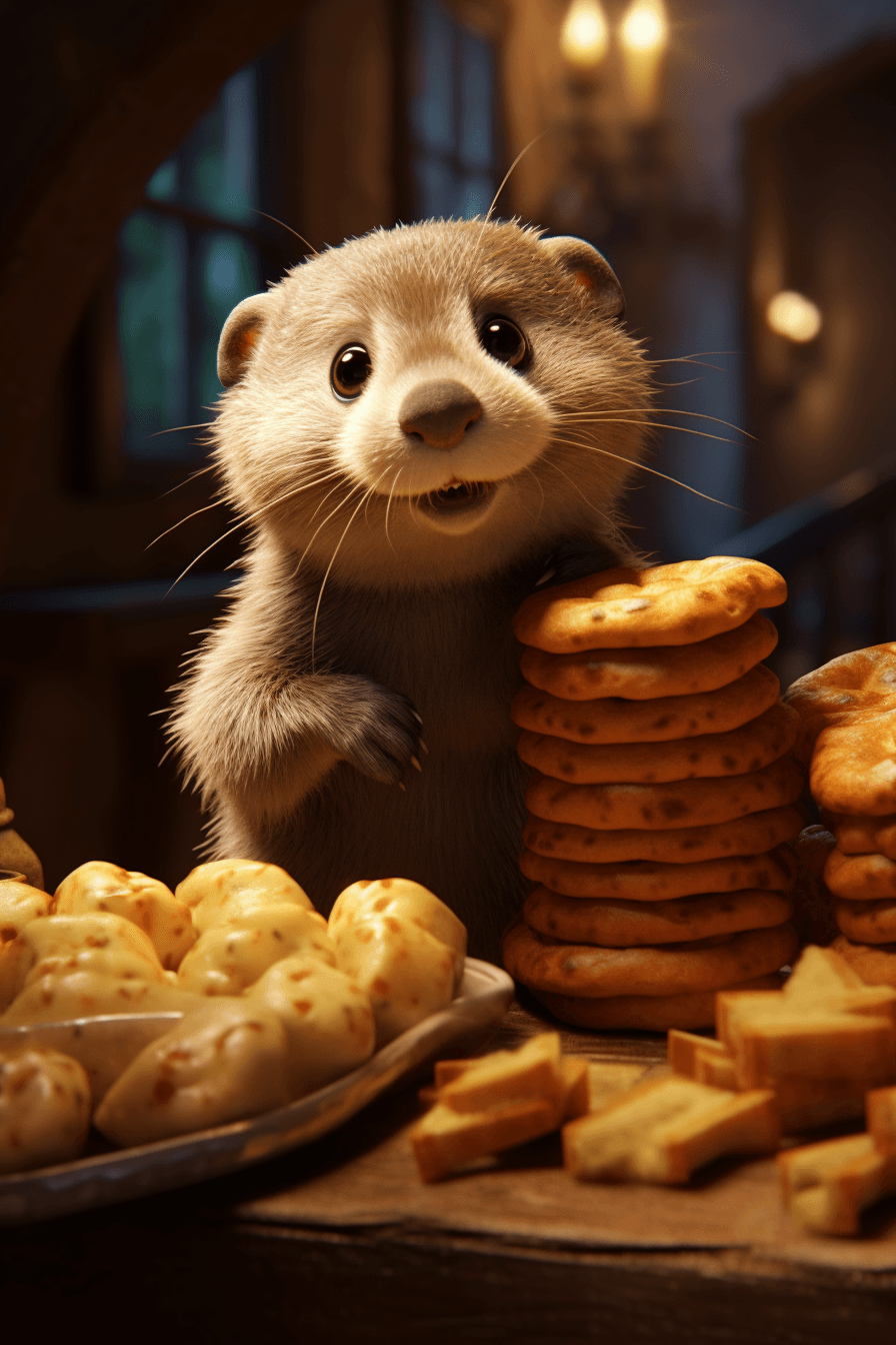 Midjourney prompt: A cute otter who steals bread from a human table, ... - Midjourney