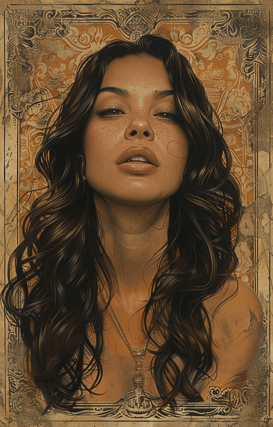 Midjourney prompt: an old framed portrait of a woman with long hair, ... - Midjourney