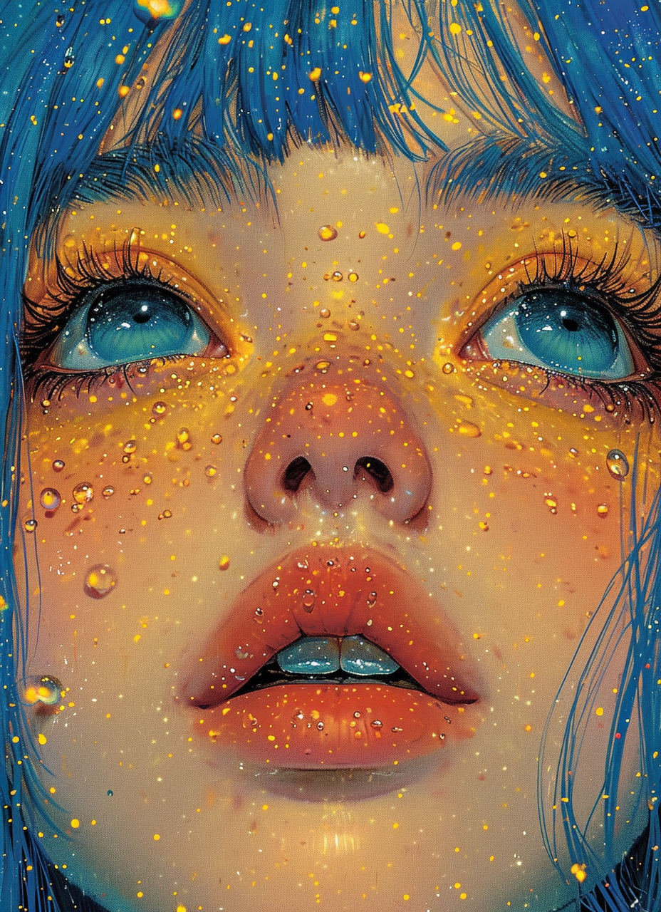 Midjourney prompt: illustration of a girl with blue hair, art print, ... - Midjourney