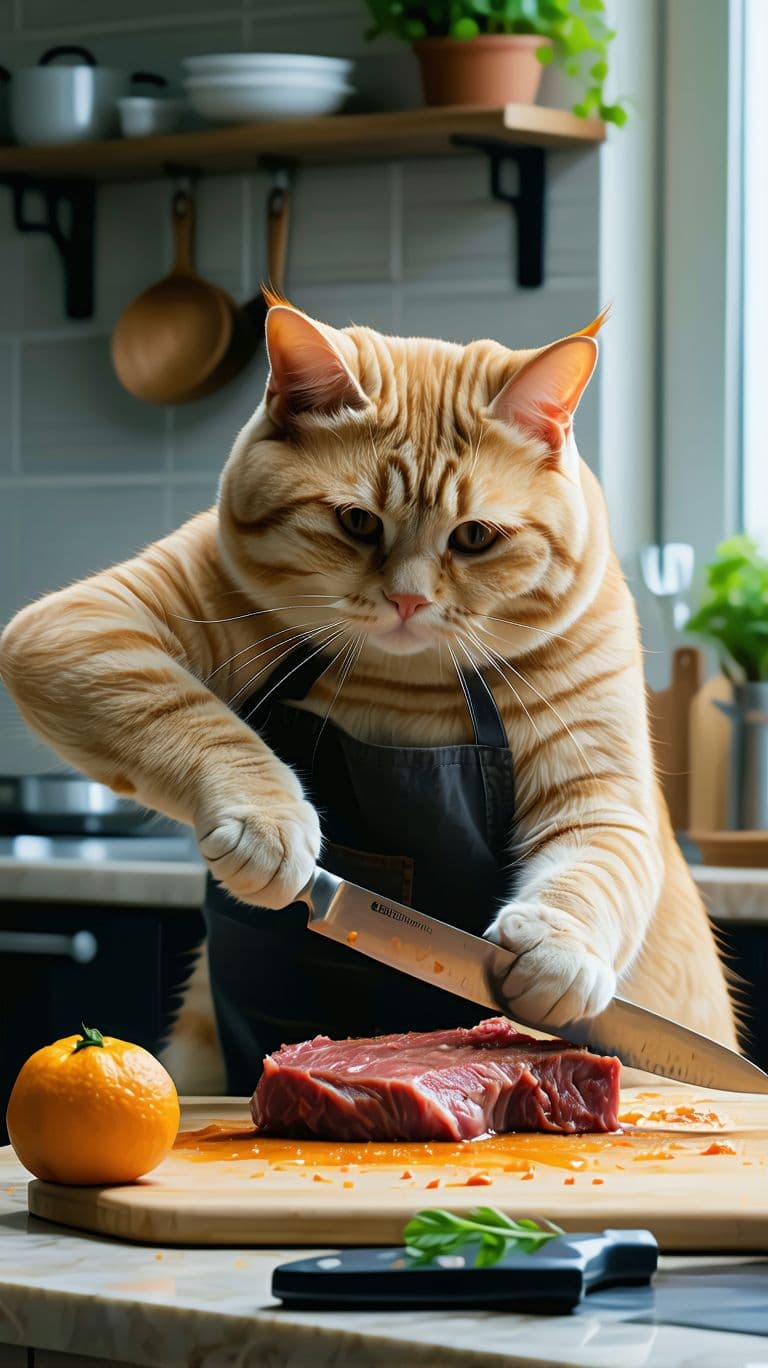 Stable Diffusion prompt: Orange lazy cute fat cat is cutting a steak in the - Stable Diffusion