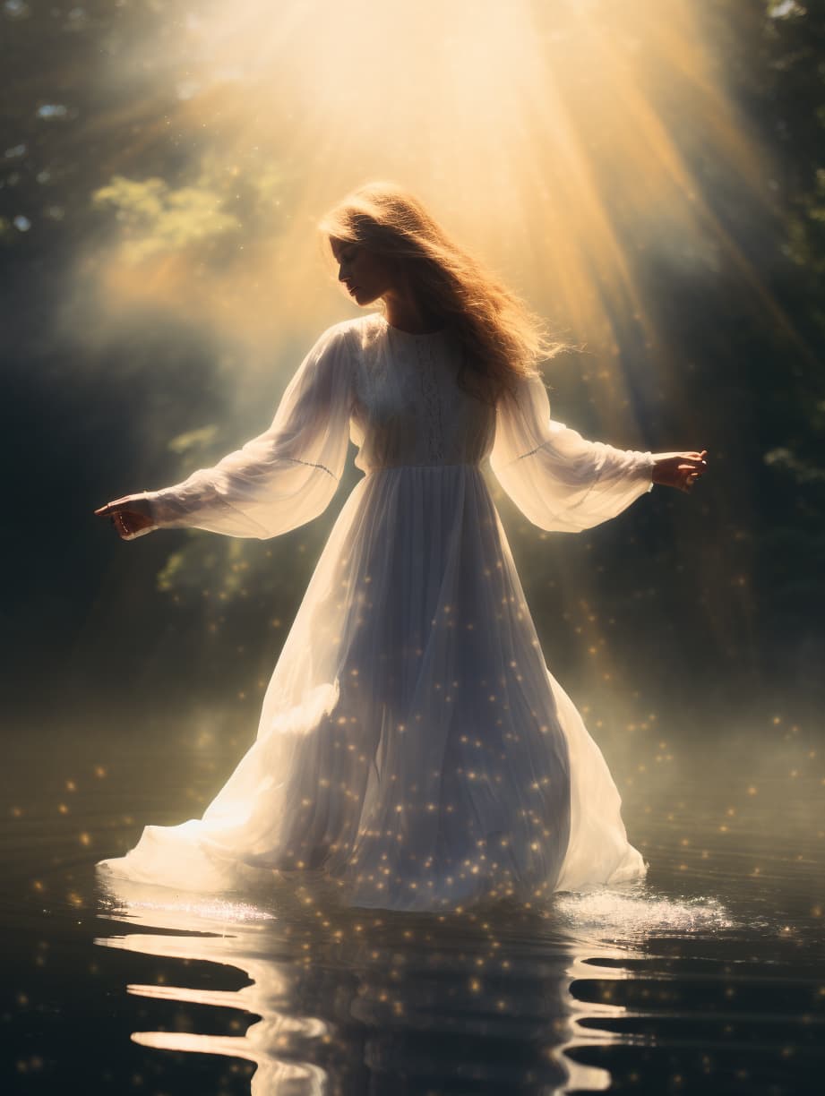 Midjourney prompt: a person walking down a tree lined road, rays of ... - Midjourney
