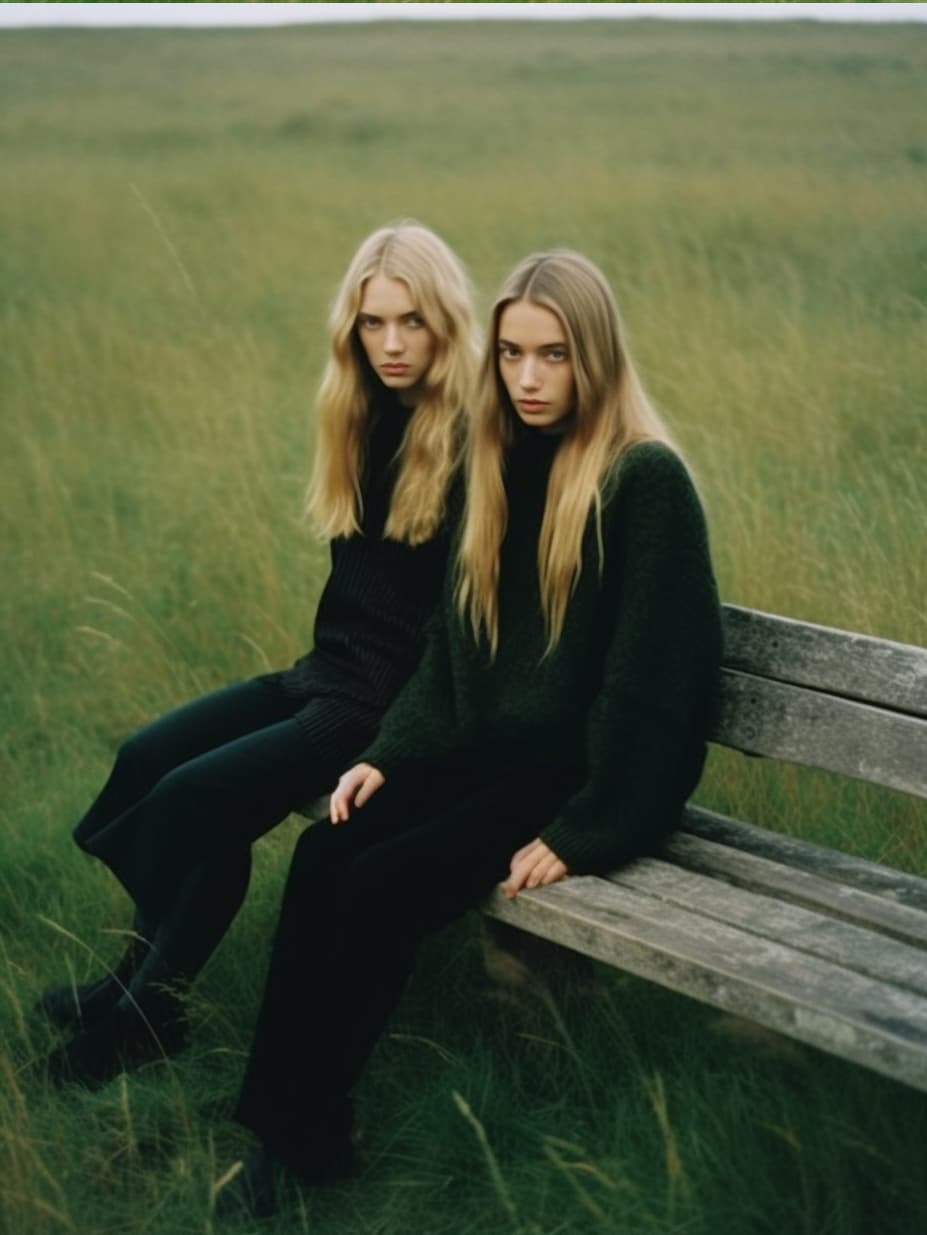 Midjourney prompt: a couple of women sitting on top of a wooden bench... - Midjourney
