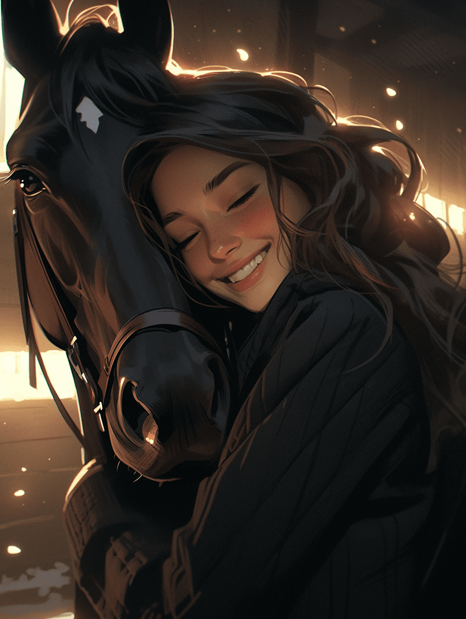Midjourney prompt: A beautiful cute indian girl hugging a horse face - Midjourney