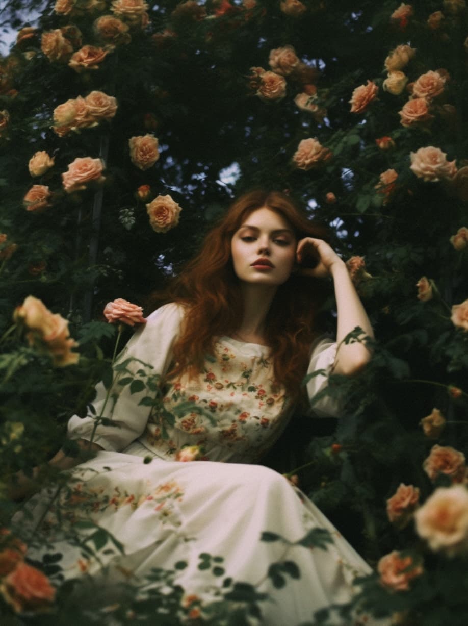 Midjourney prompt: a woman sitting in front of a bush of flowers, tum... - Midjourney