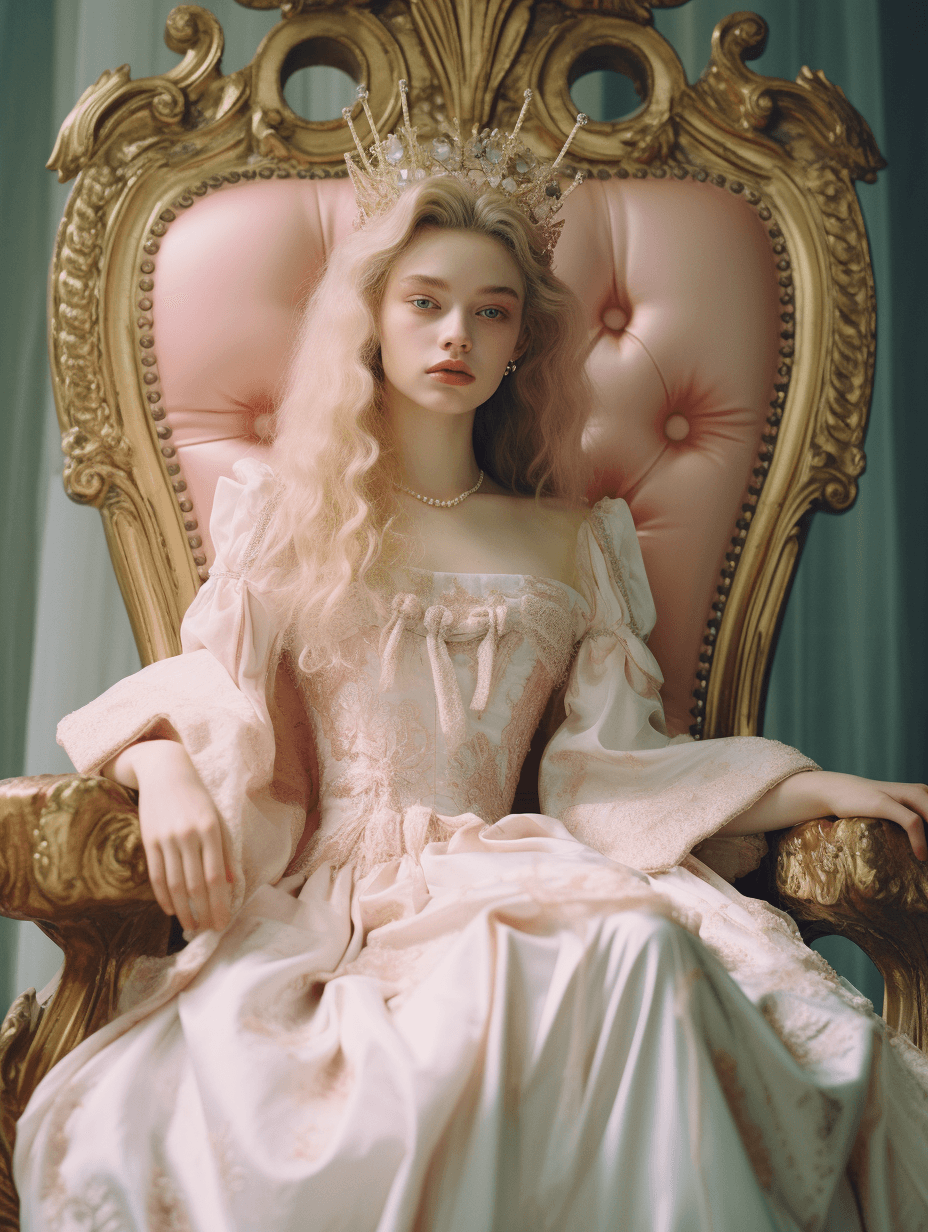 Midjourney prompt: Kodak disposable photography of young queen sit on... - Midjourney
