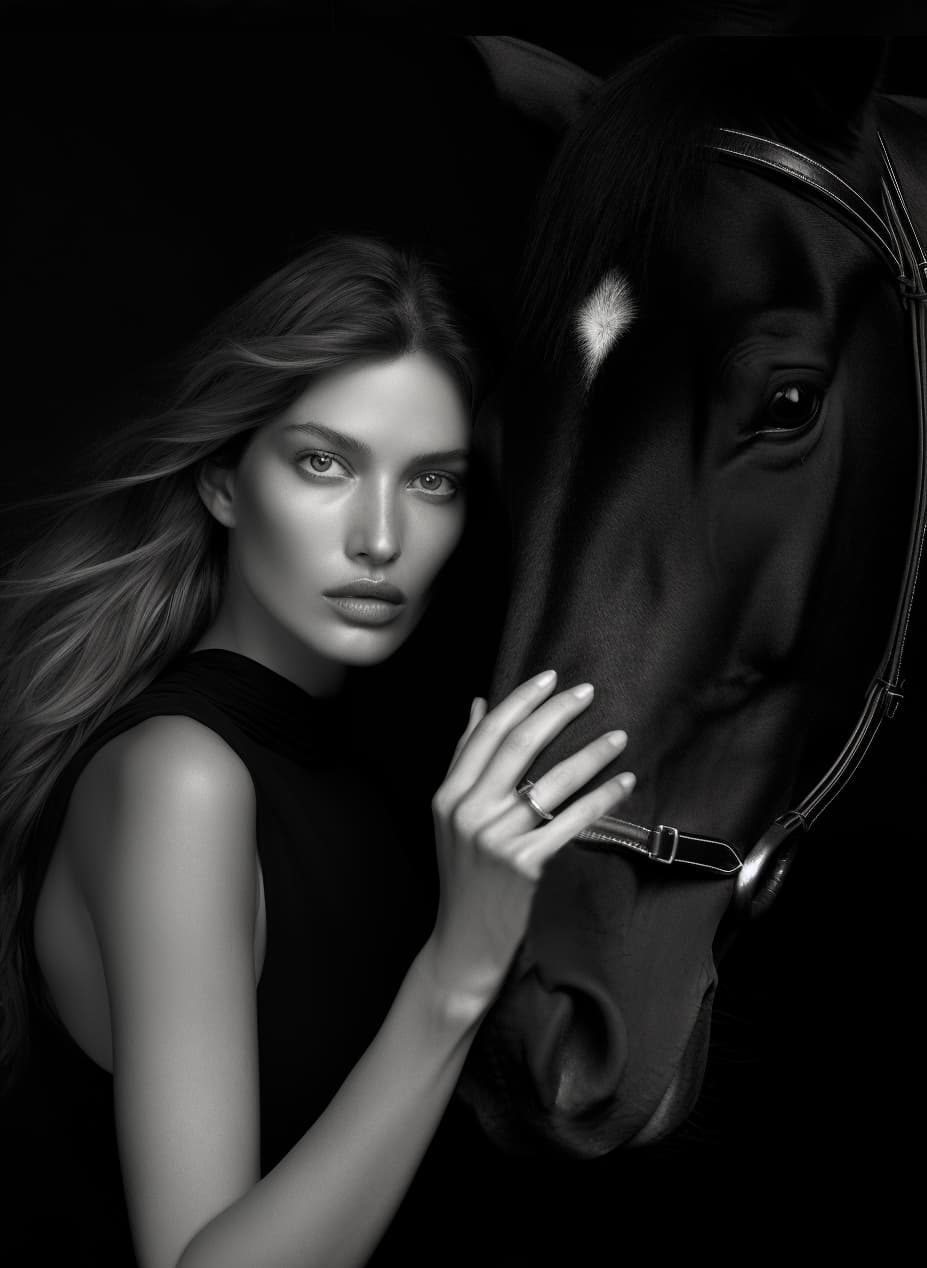 Midjourney prompt: a black and white photo of a woman leaning on a ho... - Midjourney