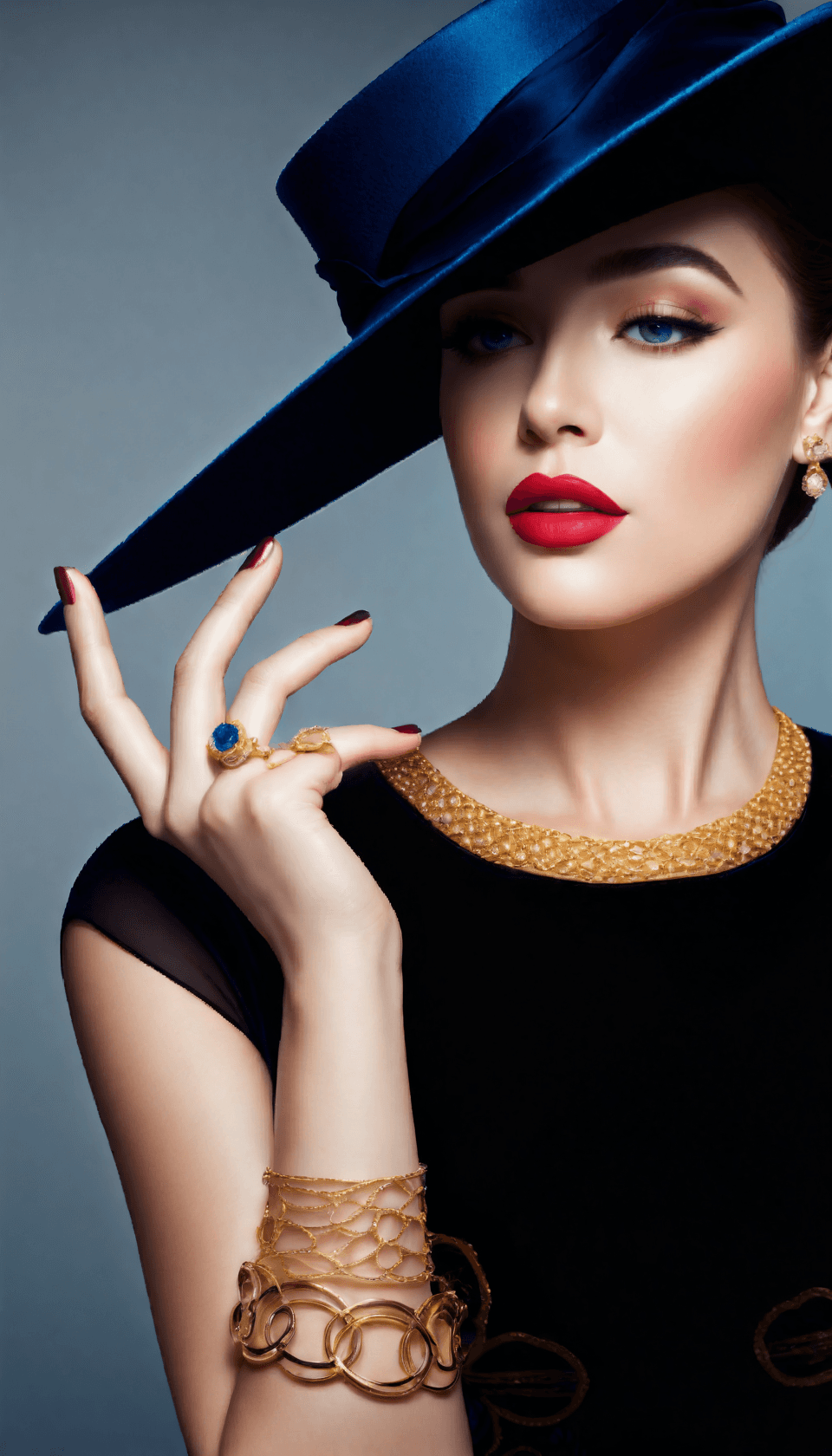 Stable Diffusion prompt: The image features a woman wearing a blue hat and ... - Stable Diffusion