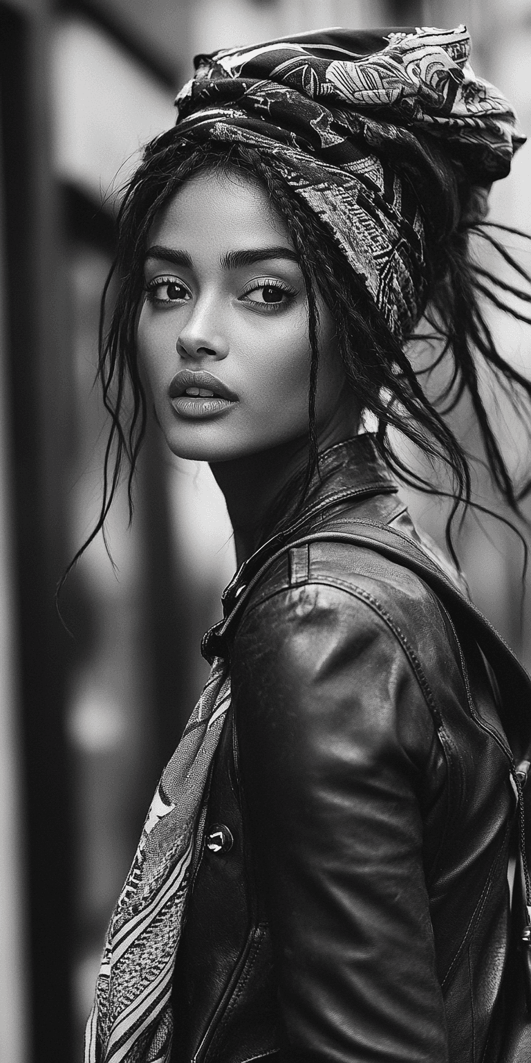 Midjourney prompt: Black and white street photography of an attractiv... - Midjourney