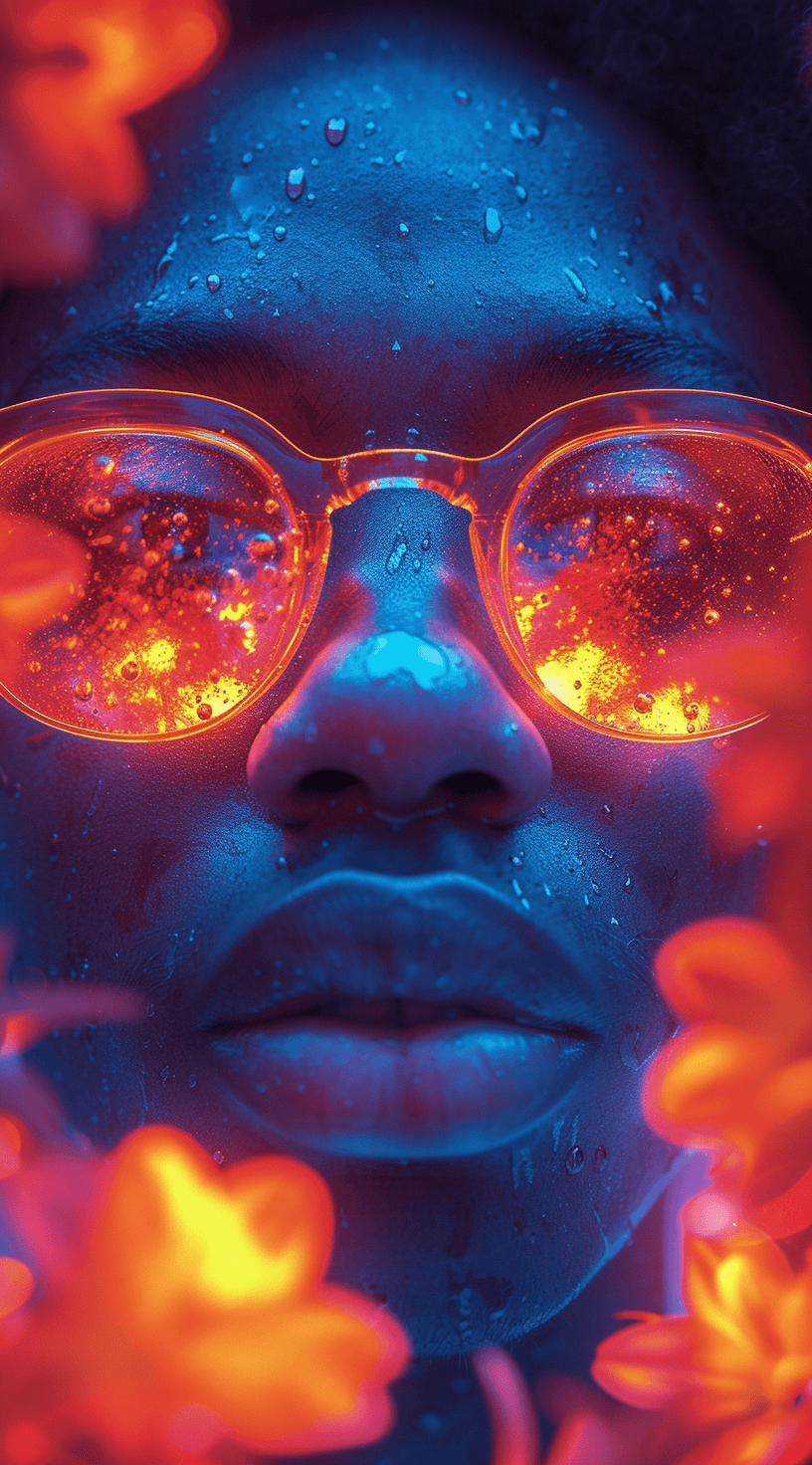Midjourney prompt: man wearing glasses and the colors of flamingos, i... - Midjourney